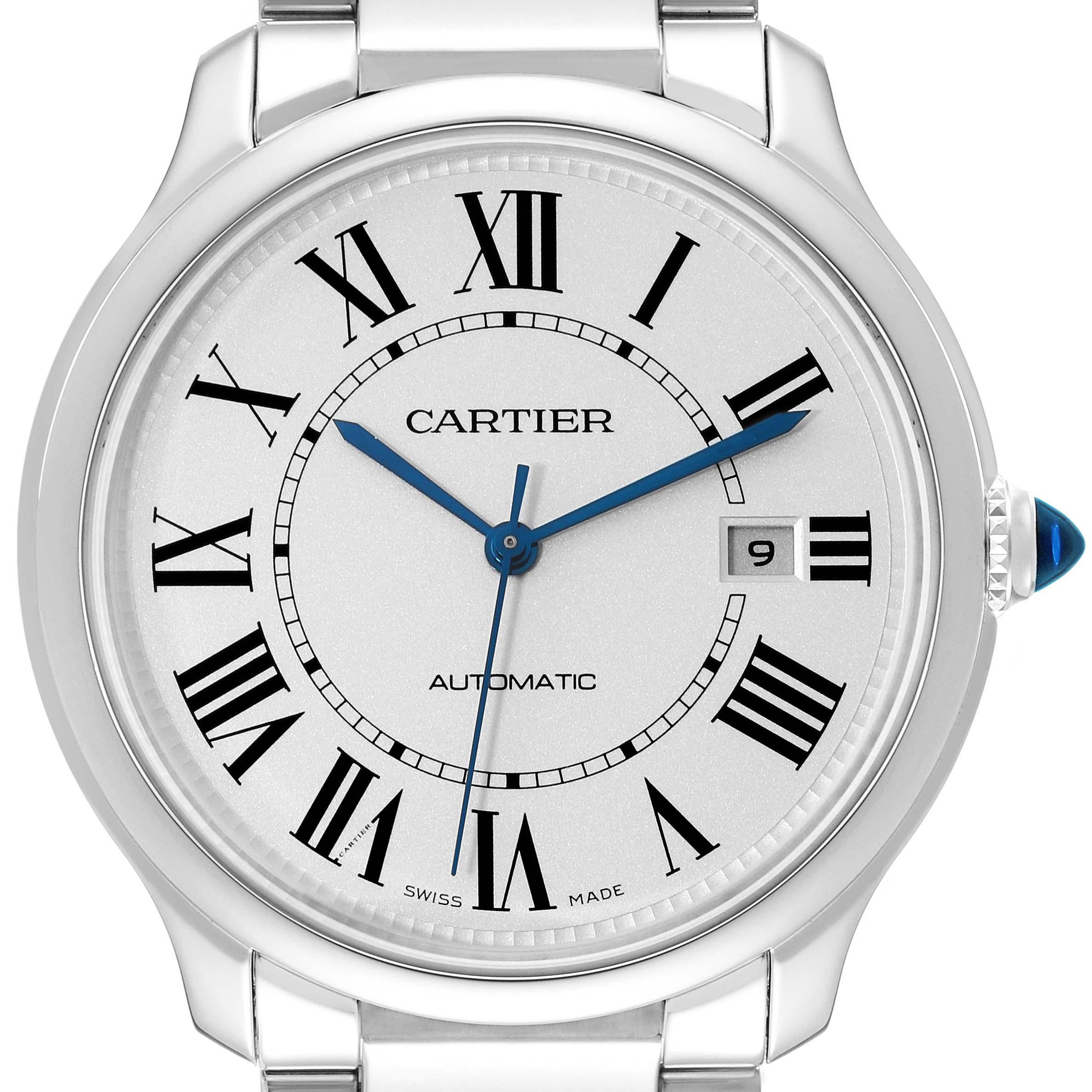The image shows a close-up, front view of the Cartier Ronde WSRN0035 Men's Stainless Steel Silver Dial WSRN0035 Men's Stainless Steel Silver Dial model watch, highlighting its dial, hands, and date window.