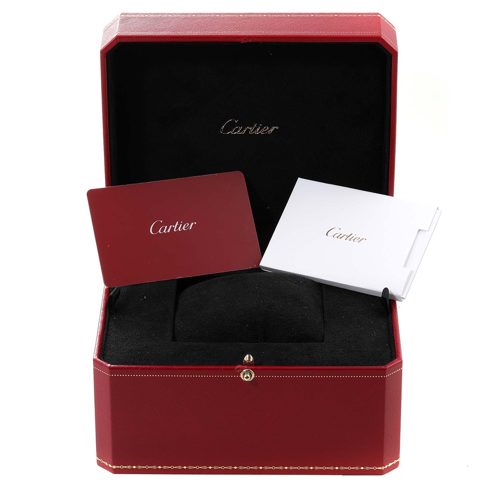 The image shows a Cartier Ronde WSRN0035 Men's Stainless Steel Silver Dial WSRN0035 Men's Stainless Steel Silver Dial watch box with accompanying cards, viewed from the front with the box open.