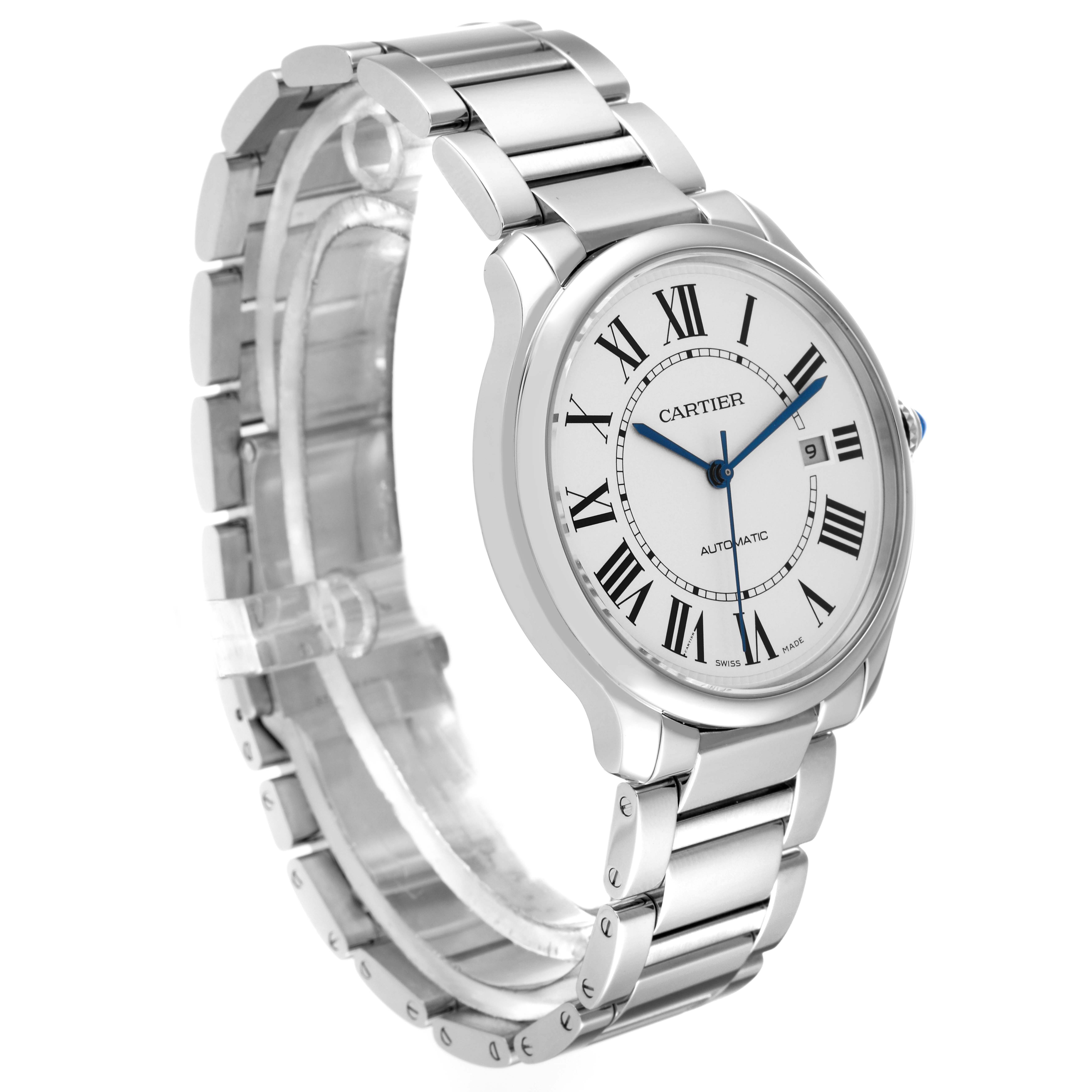The image shows a side angle of the Cartier Ronde WSRN0035 Men's Stainless Steel Silver Dial WSRN0035 Men's Stainless Steel Silver Dial watch, featuring its stainless steel bracelet and Roman numeral dial.