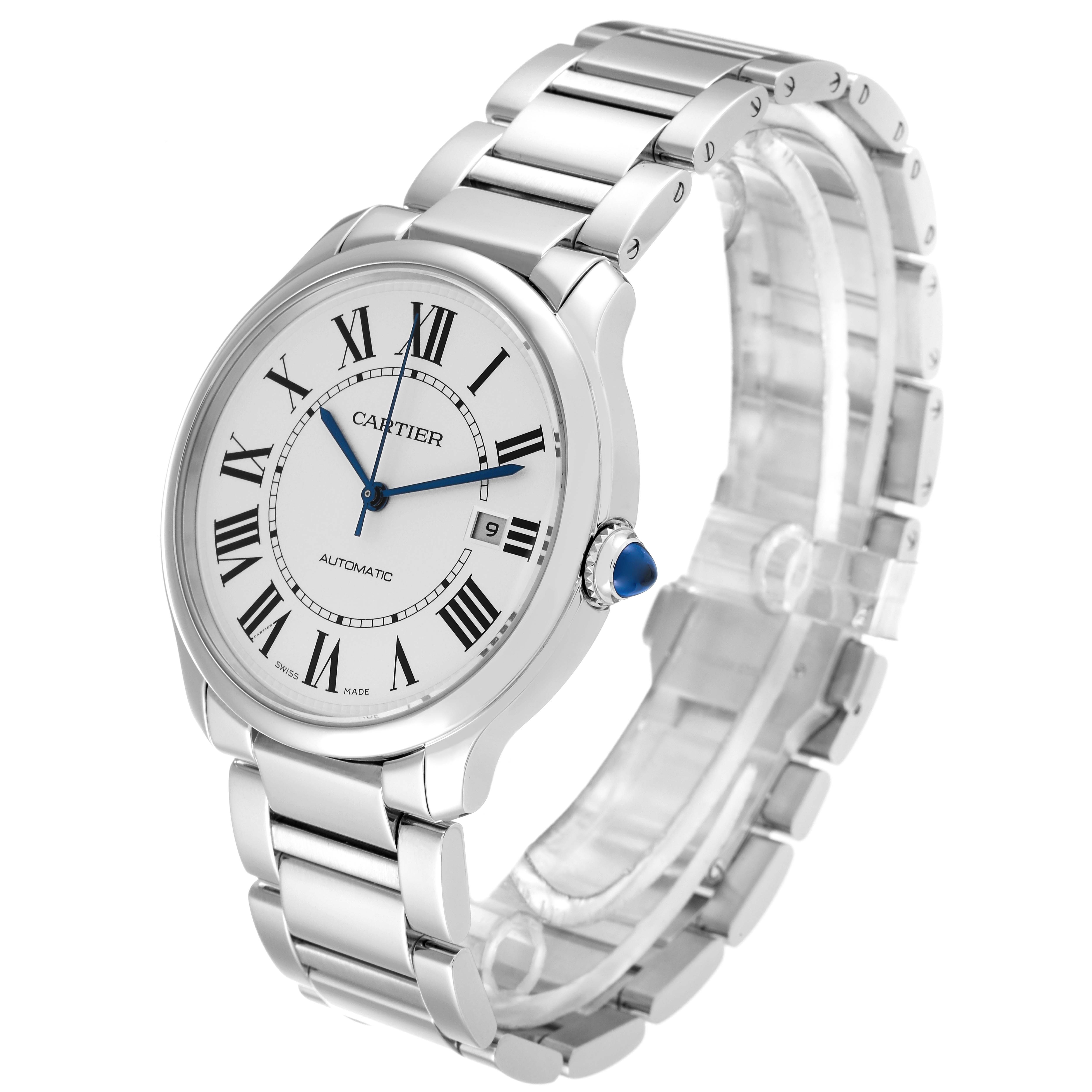 The Cartier Ronde WSRN0035 Men's Stainless Steel Silver Dial WSRN0035 Men's Stainless Steel Silver Dial watch is shown at a slight side angle, highlighting its face, bezel, crown, and bracelet.