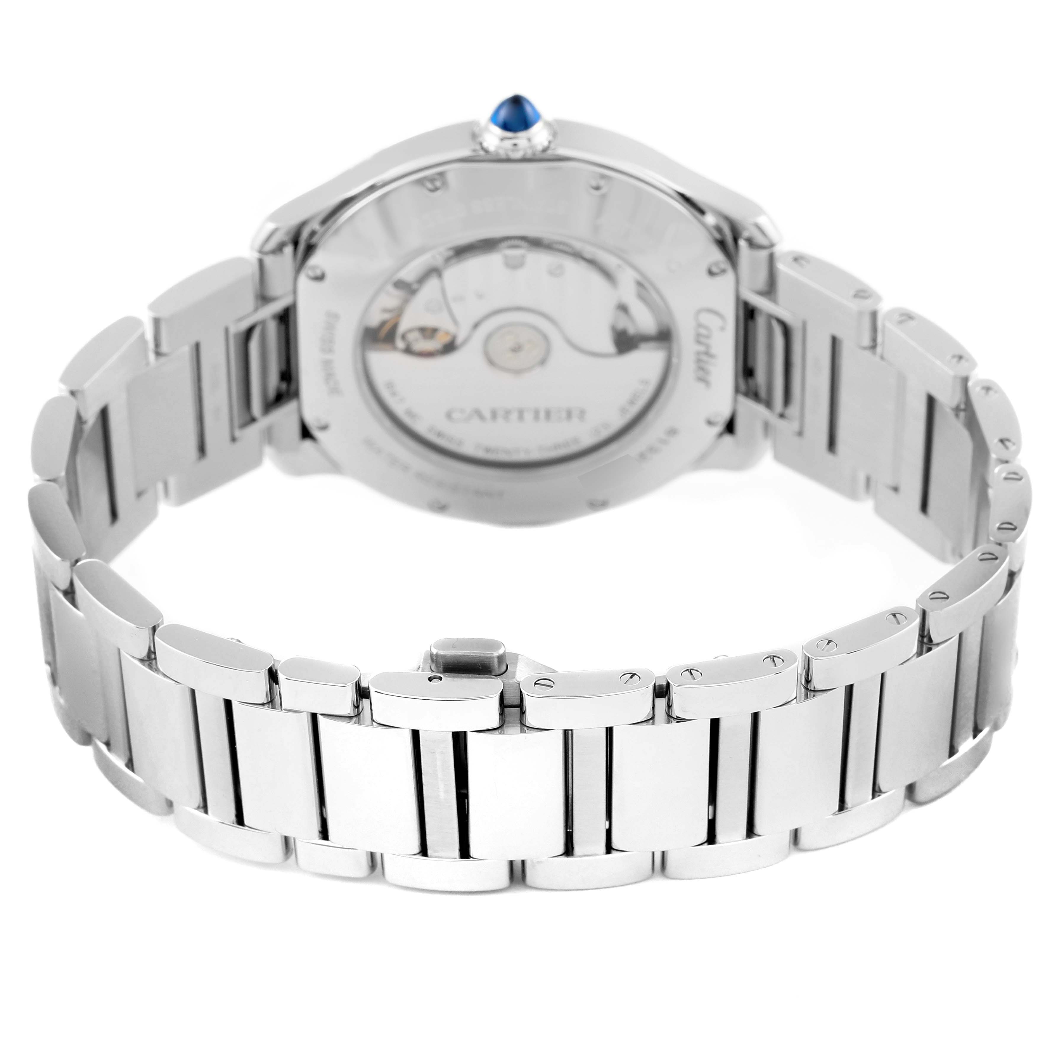 This image shows the back view of the Cartier Ronde WSRN0035 Men's Stainless Steel Silver Dial WSRN0035 Men's Stainless Steel Silver Dial watch, highlighting its metal band and exhibition case back.