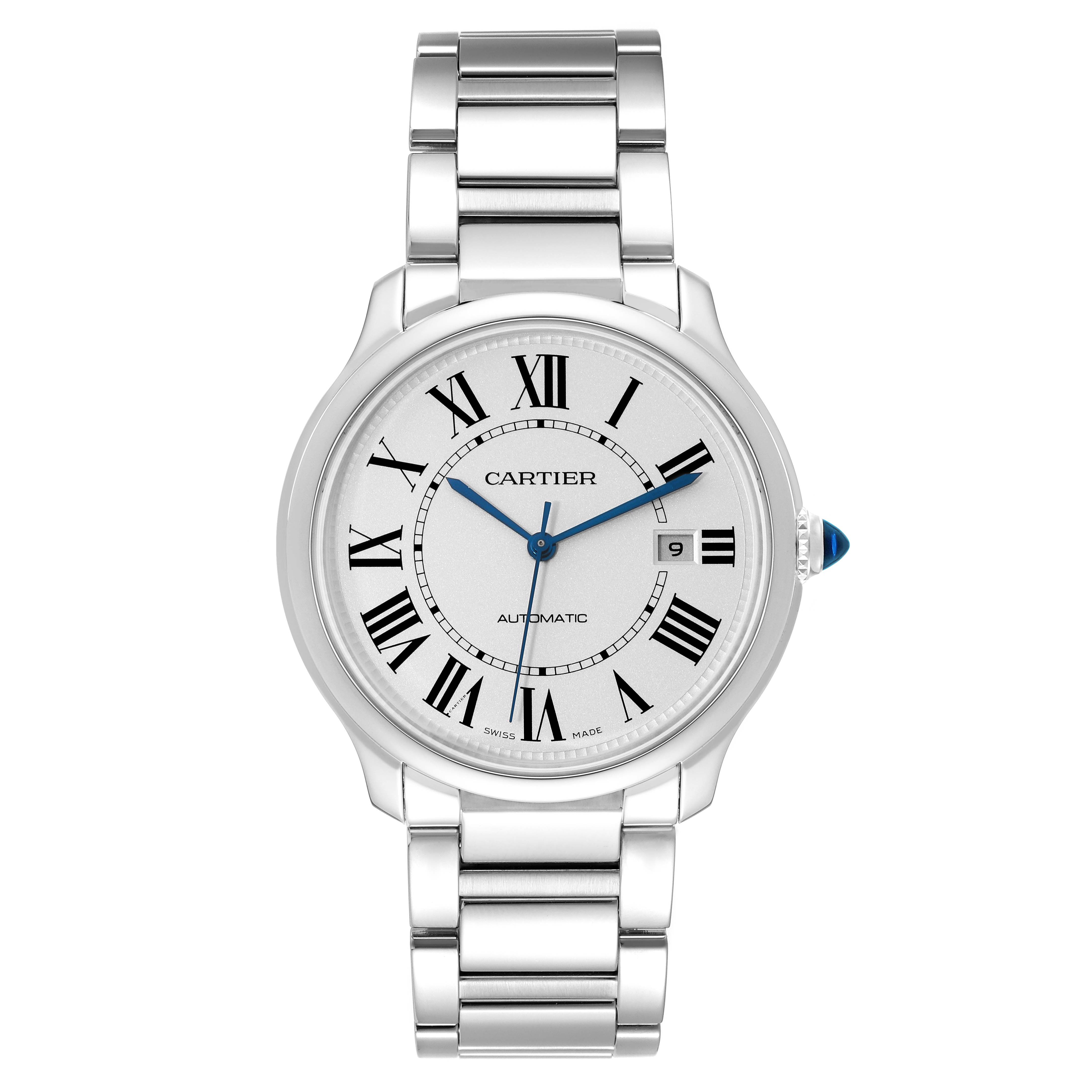 The image shows a front view of a Cartier Ronde WSRN0035 Men's Stainless Steel Silver Dial WSRN0035 Men's Stainless Steel Silver Dial watch, displaying the Roman numeral dial, date window, and metallic strap.