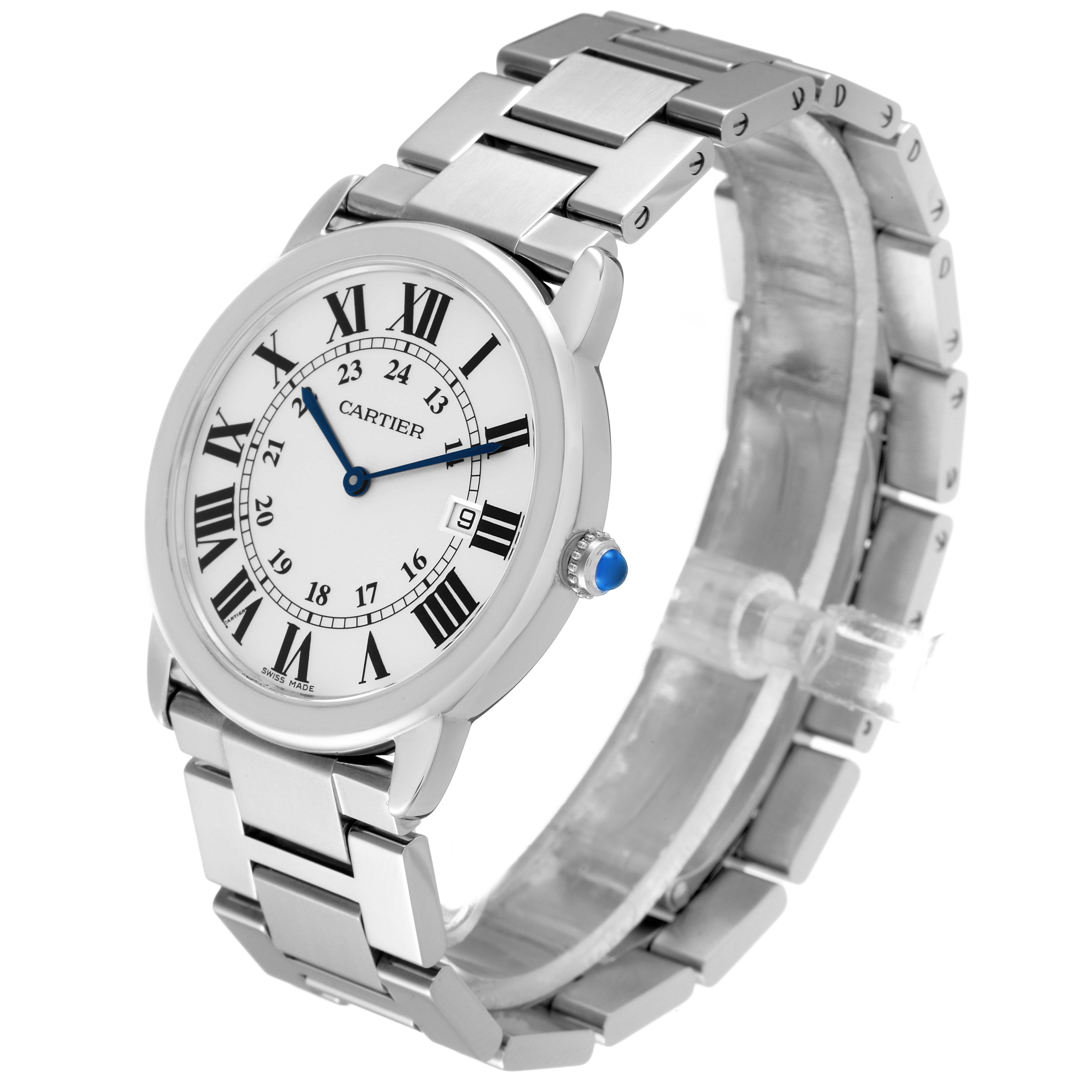 The image shows a side angle of the Ronde model by Cartier, highlighting its face, bezel, bracelet, and crown.