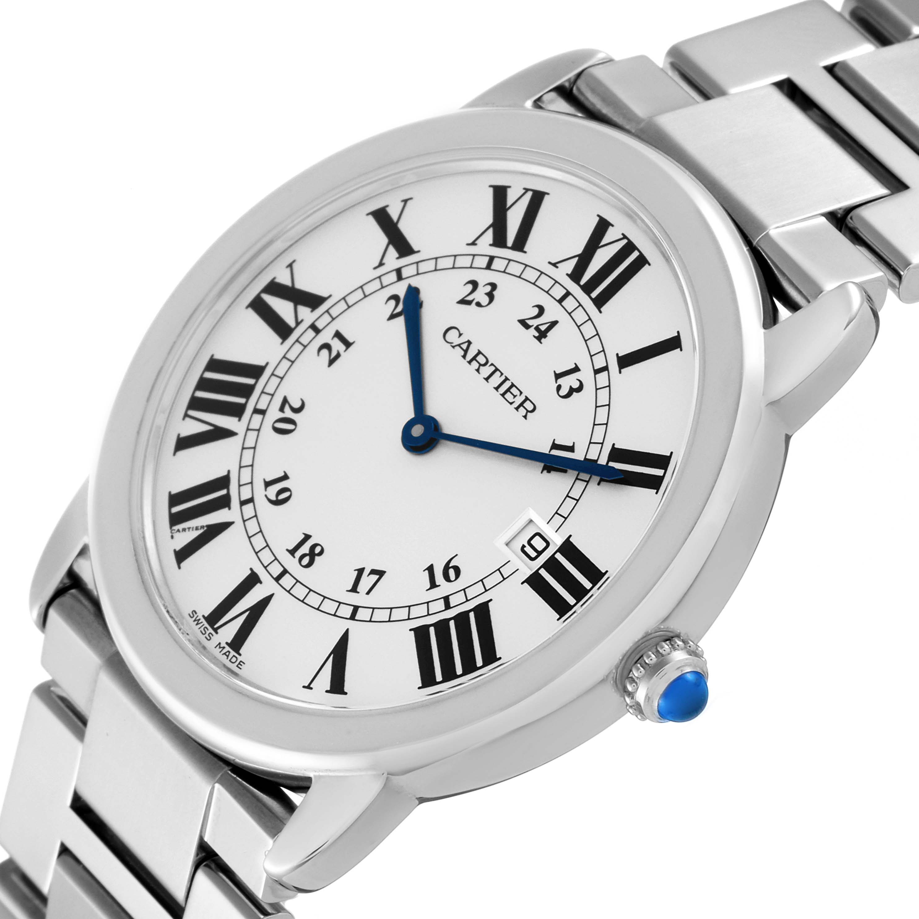 The image shows a Cartier Ronde W6701005 Men
s Stainless Steel Silver Dial W6701005 Men
s Stainless Steel Silver Dial watch at a slight angle, displaying the face, crown, and part of the metal bracelet.