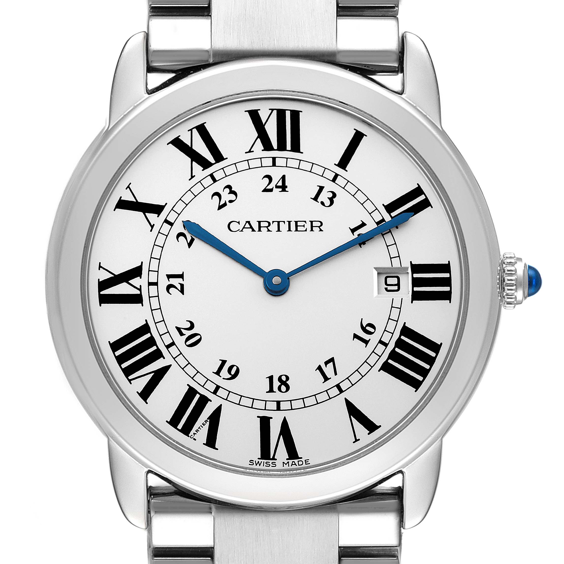 The image shows a close-up, frontal view of the Cartier Ronde W6701005 Men
s Stainless Steel Silver Dial W6701005 Men
s Stainless Steel Silver Dial watch displaying the dial, hands, bezel, and part of the bracelet.