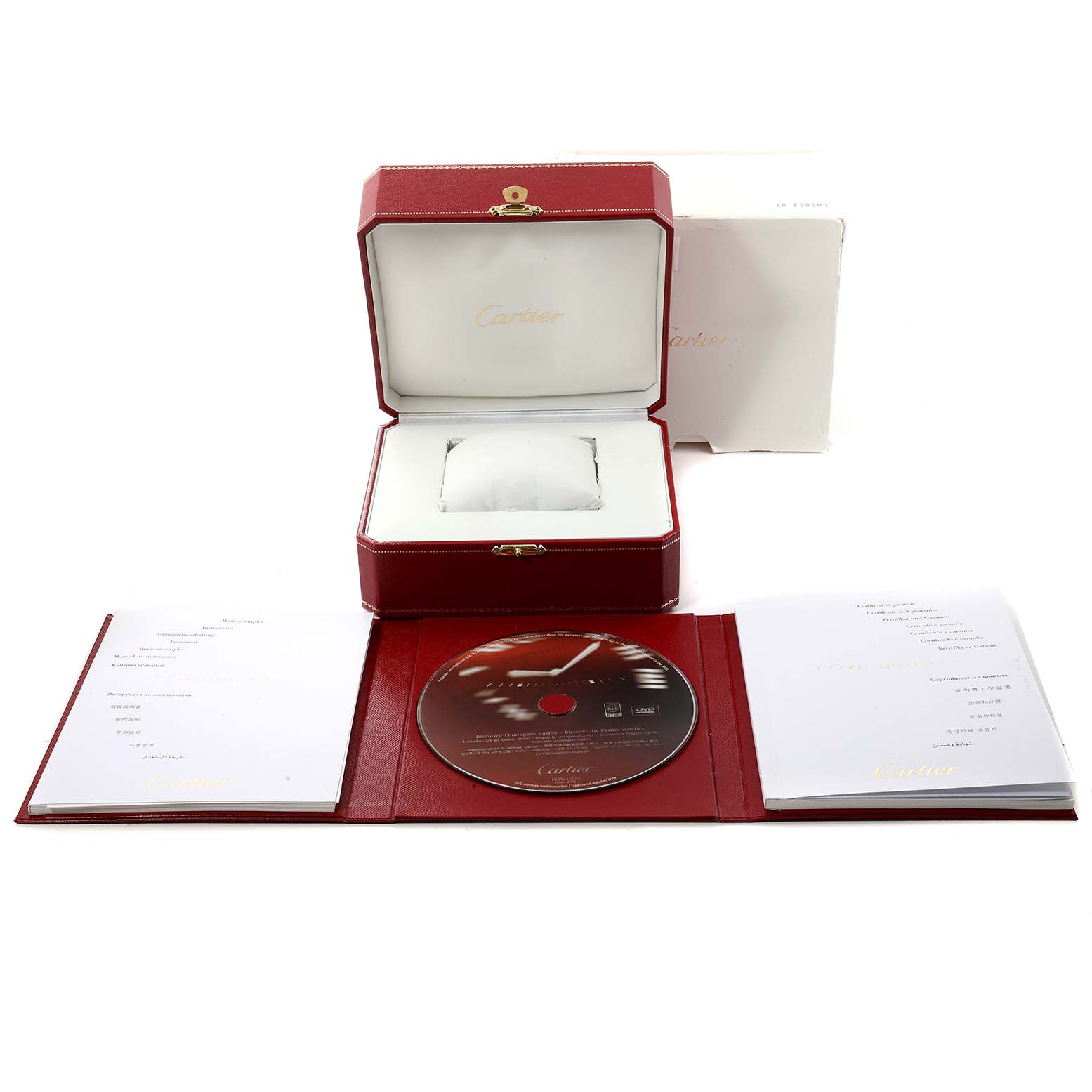 The image shows the packaging, a red Cartier box, a blank pillow, a CD, and documentation for the Cartier Ronde W6701005 Men
s Stainless Steel Silver Dial W6701005 Men
s Stainless Steel Silver Dial watch.