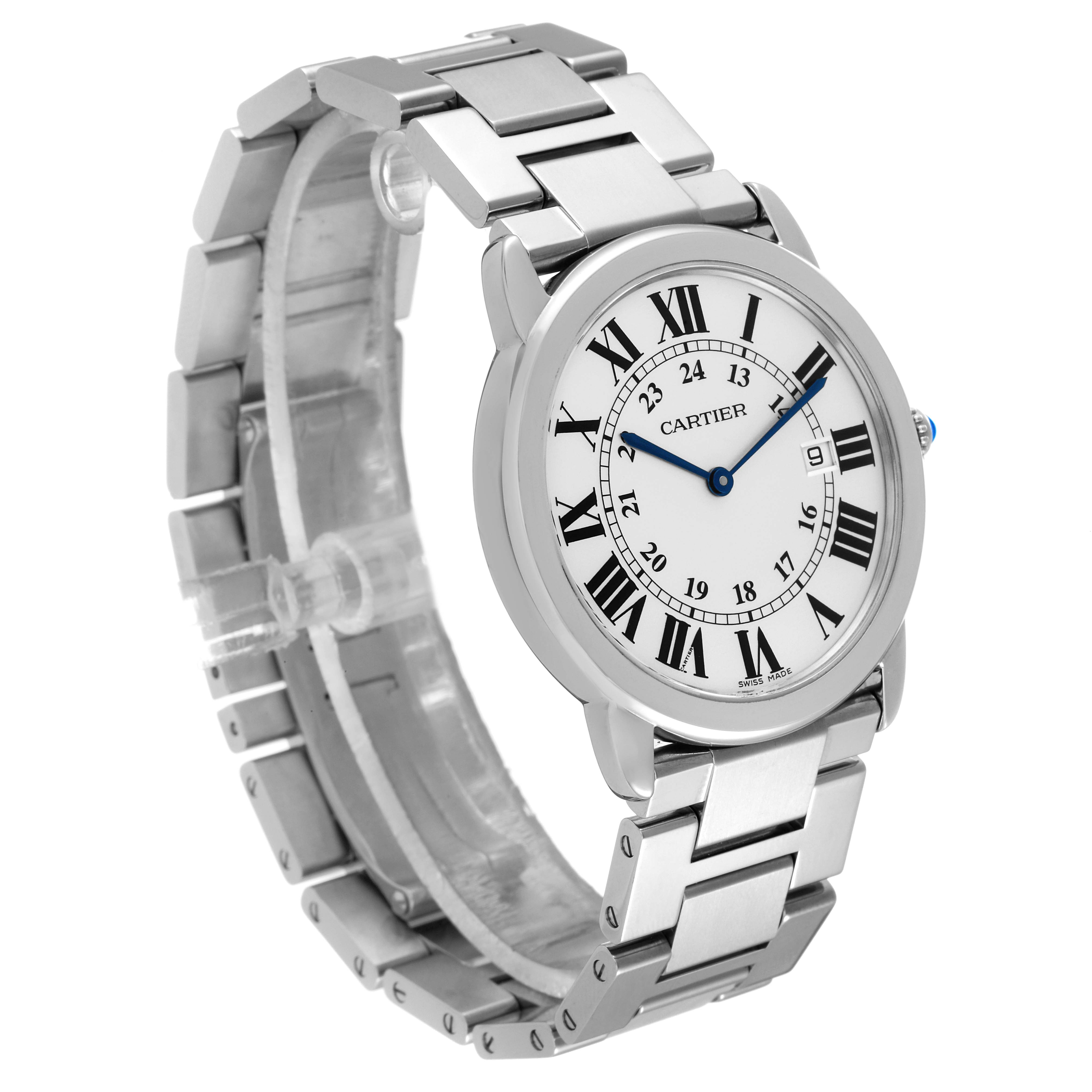 The image shows a Cartier Ronde W6701005 Men
s Stainless Steel Silver Dial W6701005 Men
s Stainless Steel Silver Dial watch at an angled view, highlighting the dial, Roman numerals, and metal bracelet.