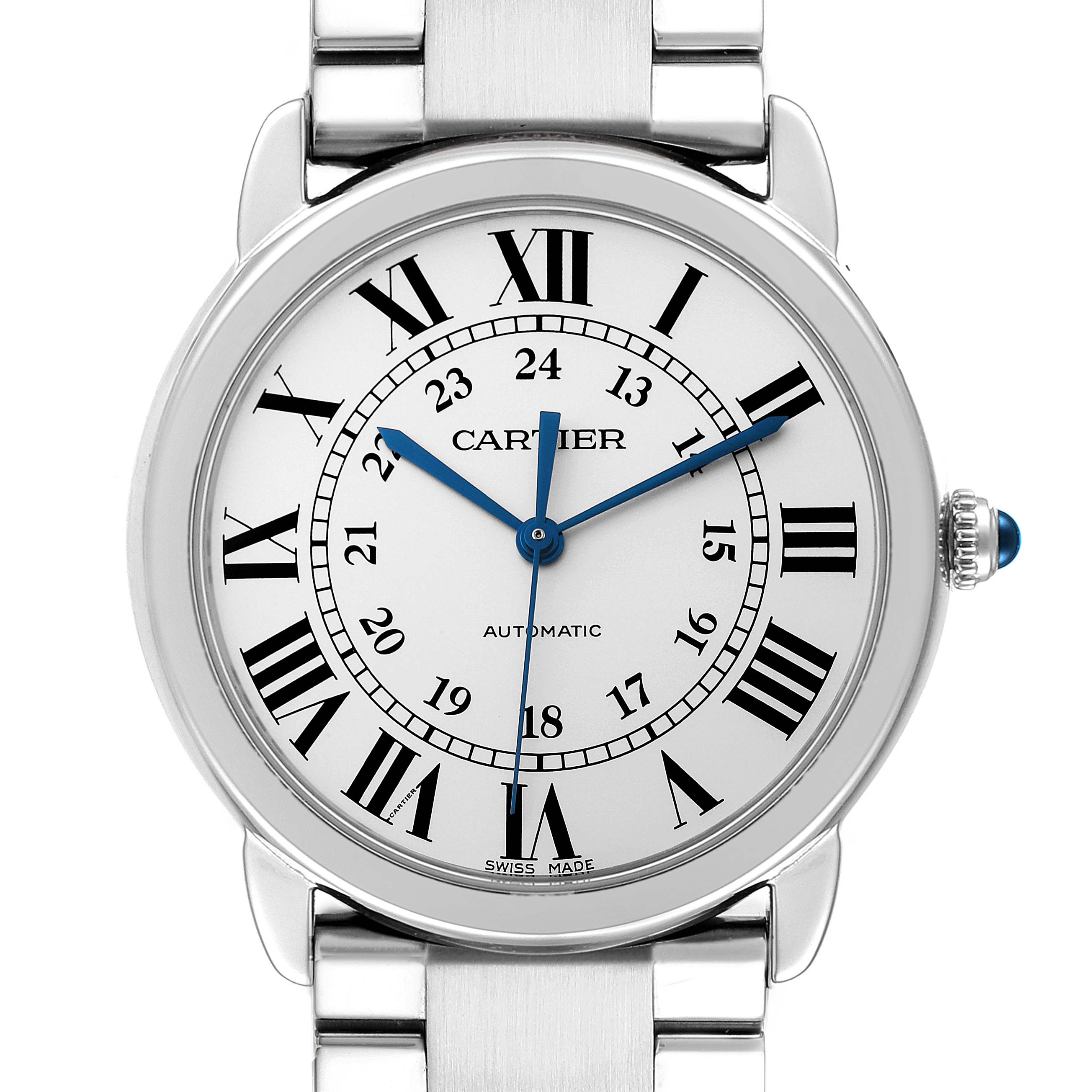 The image shows a front view of the Cartier Ronde WSRN0012 Women's Stainless Steel Silver Dial WSRN0012 Women's Stainless Steel Silver Dial watch, highlighting its dial, Roman numerals, blue hands, and partial metal bracelet.