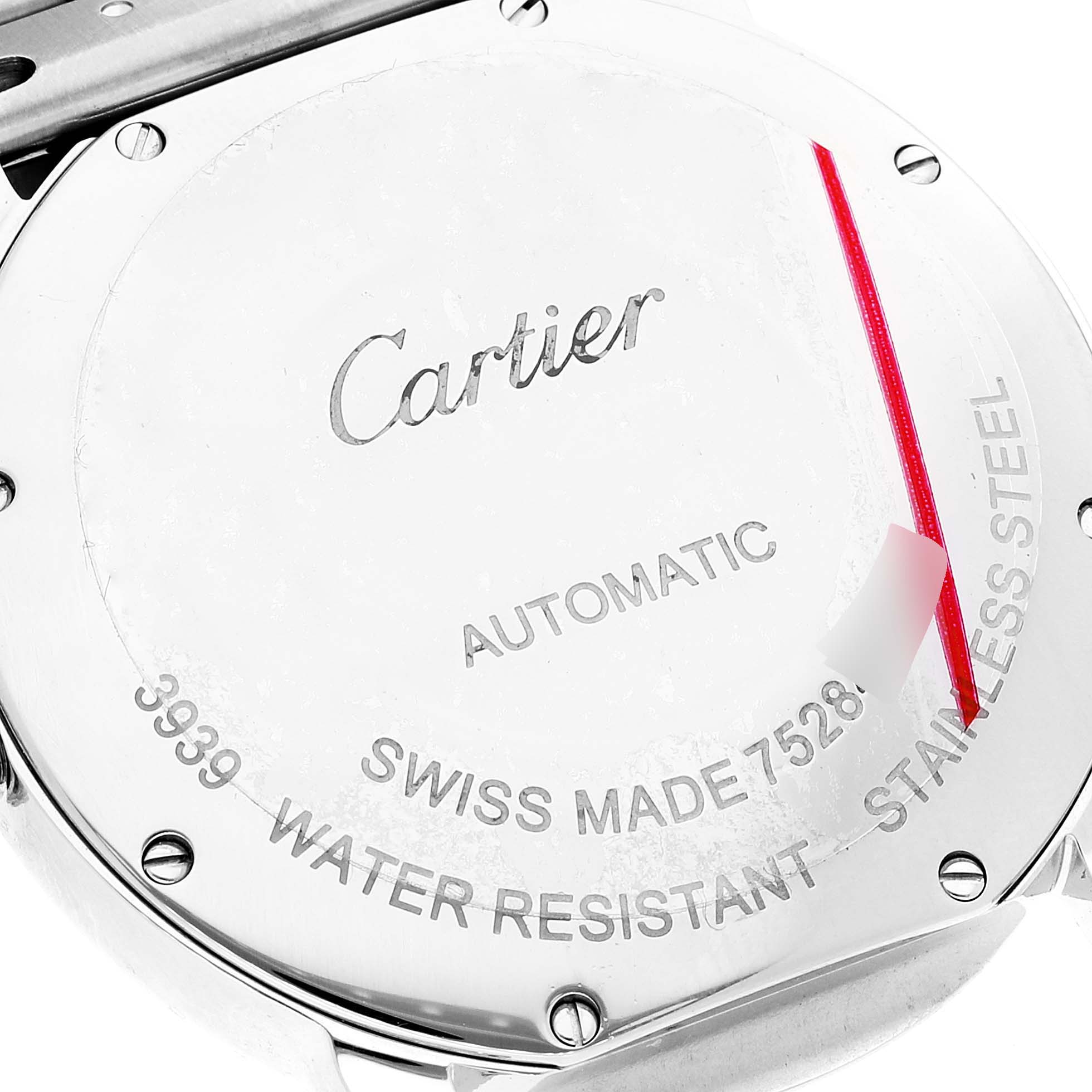 The image shows the back case of the Cartier Ronde WSRN0012 Women's Stainless Steel Silver Dial WSRN0012 Women's Stainless Steel Silver Dial model watch, highlighting its automatic mechanism and various inscriptions.