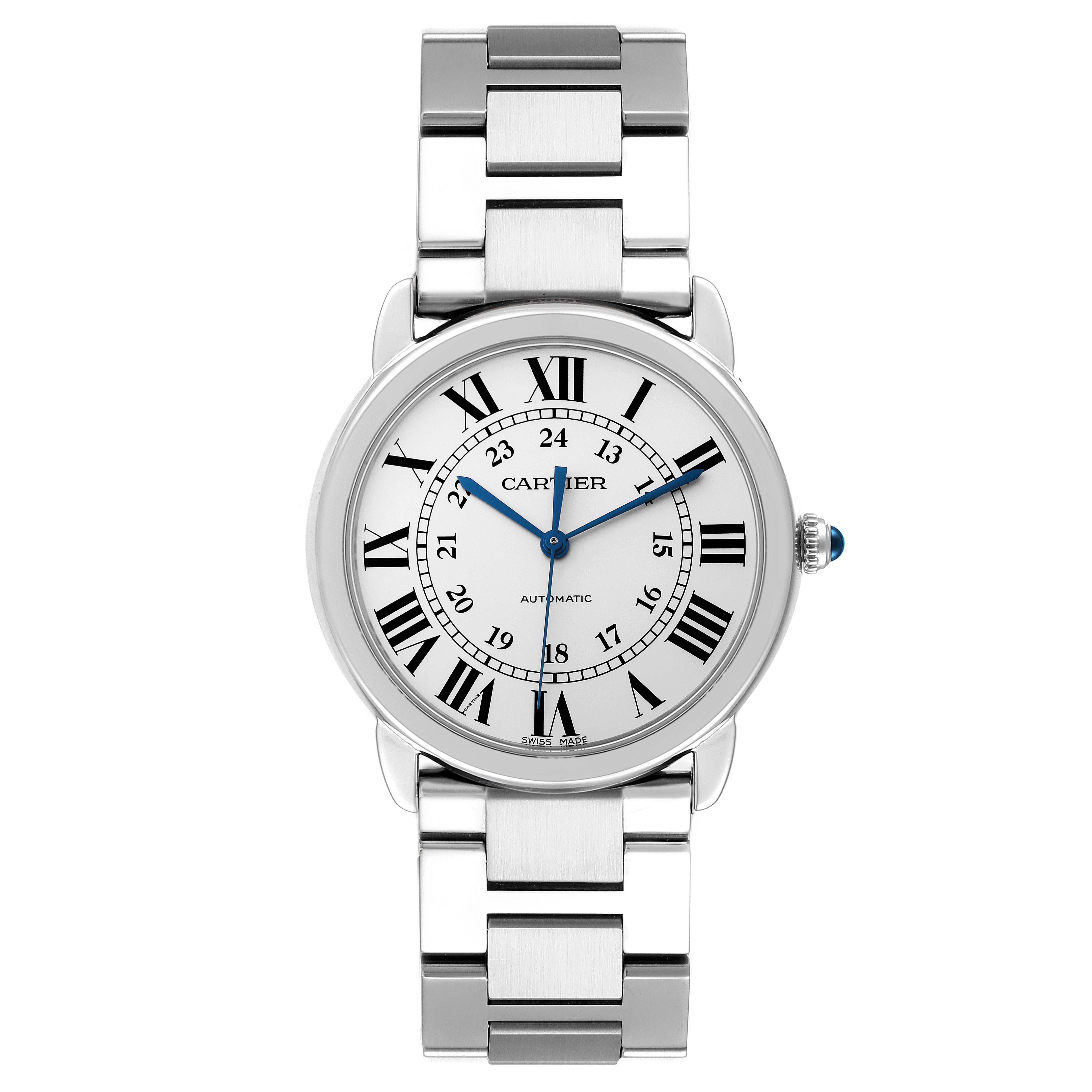 This is a front view of a Cartier Ronde WSRN0012 Women's Stainless Steel Silver Dial WSRN0012 Women's Stainless Steel Silver Dial model watch, showing the face and metal bracelet.