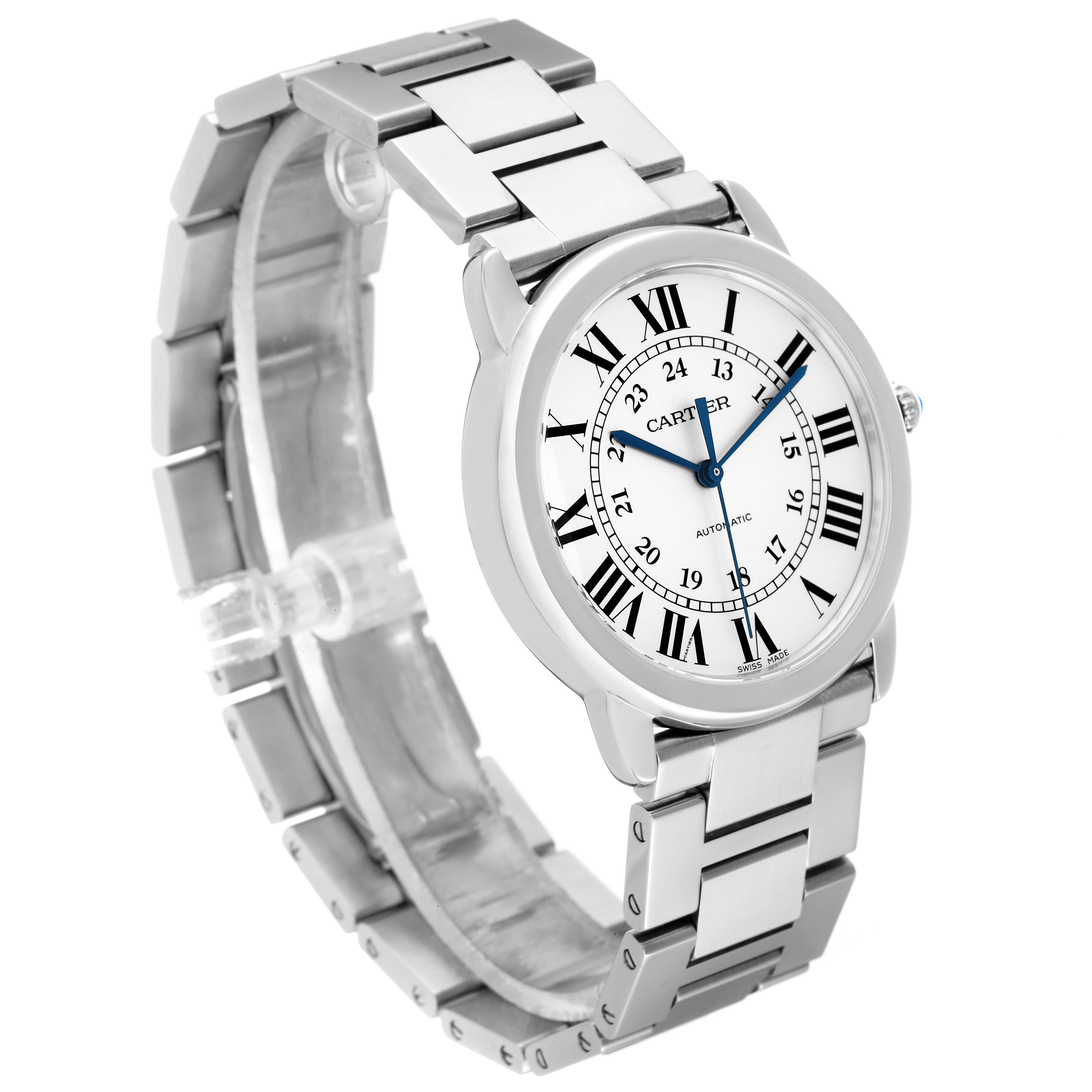 The Cartier Ronde WSRN0012 Women's Stainless Steel Silver Dial WSRN0012 Women's Stainless Steel Silver Dial watch is shown at an angle revealing the face, bezel, crown, and bracelet.