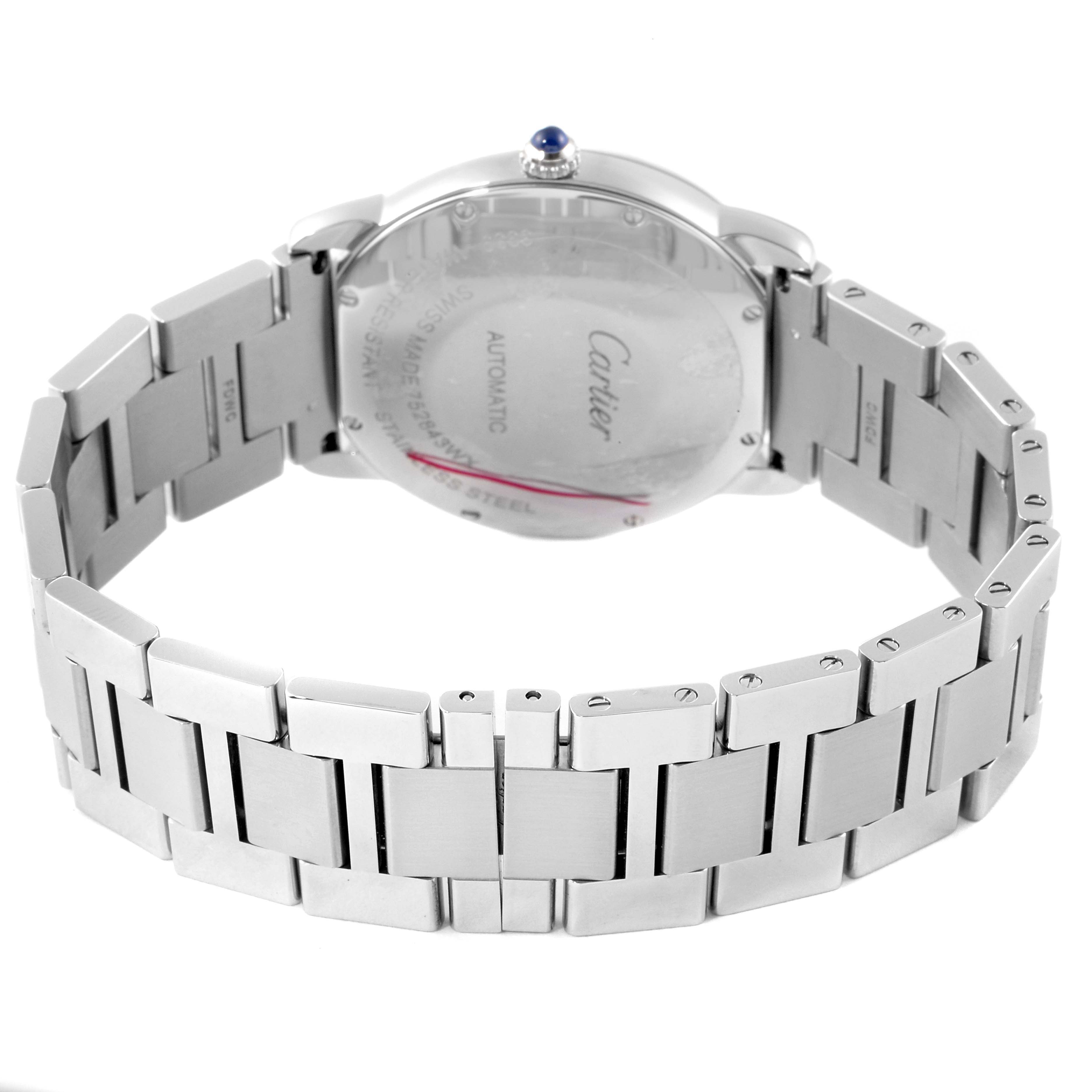 The image shows the back and bracelet of the Cartier Ronde WSRN0012 Women's Stainless Steel Silver Dial WSRN0012 Women's Stainless Steel Silver Dial watch with its stainless steel links and sapphire crown.