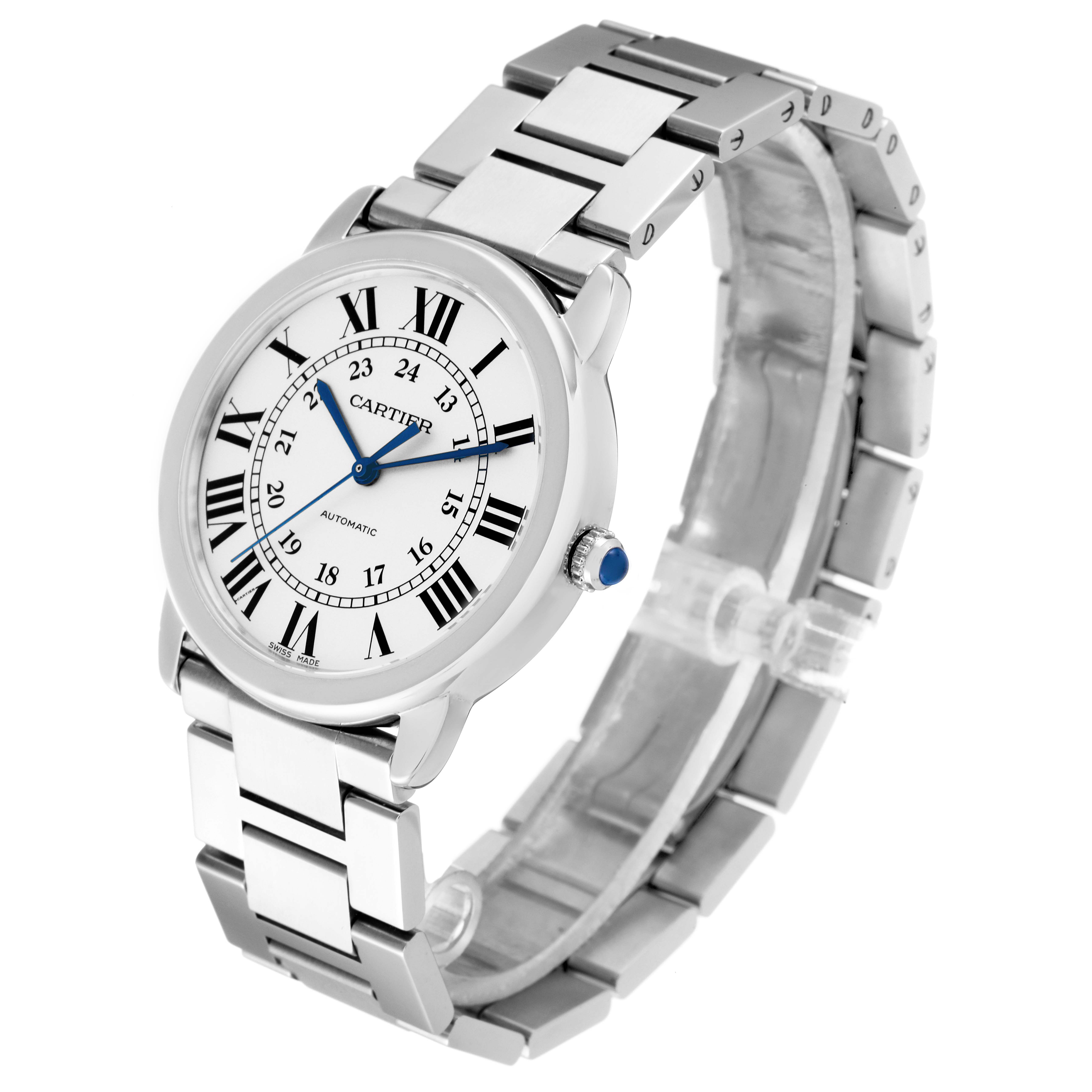 The image shows the full view of a Cartier Ronde WSRN0012 Women's Stainless Steel Silver Dial WSRN0012 Women's Stainless Steel Silver Dial model watch, including its face, bezel, crown, and bracelet.