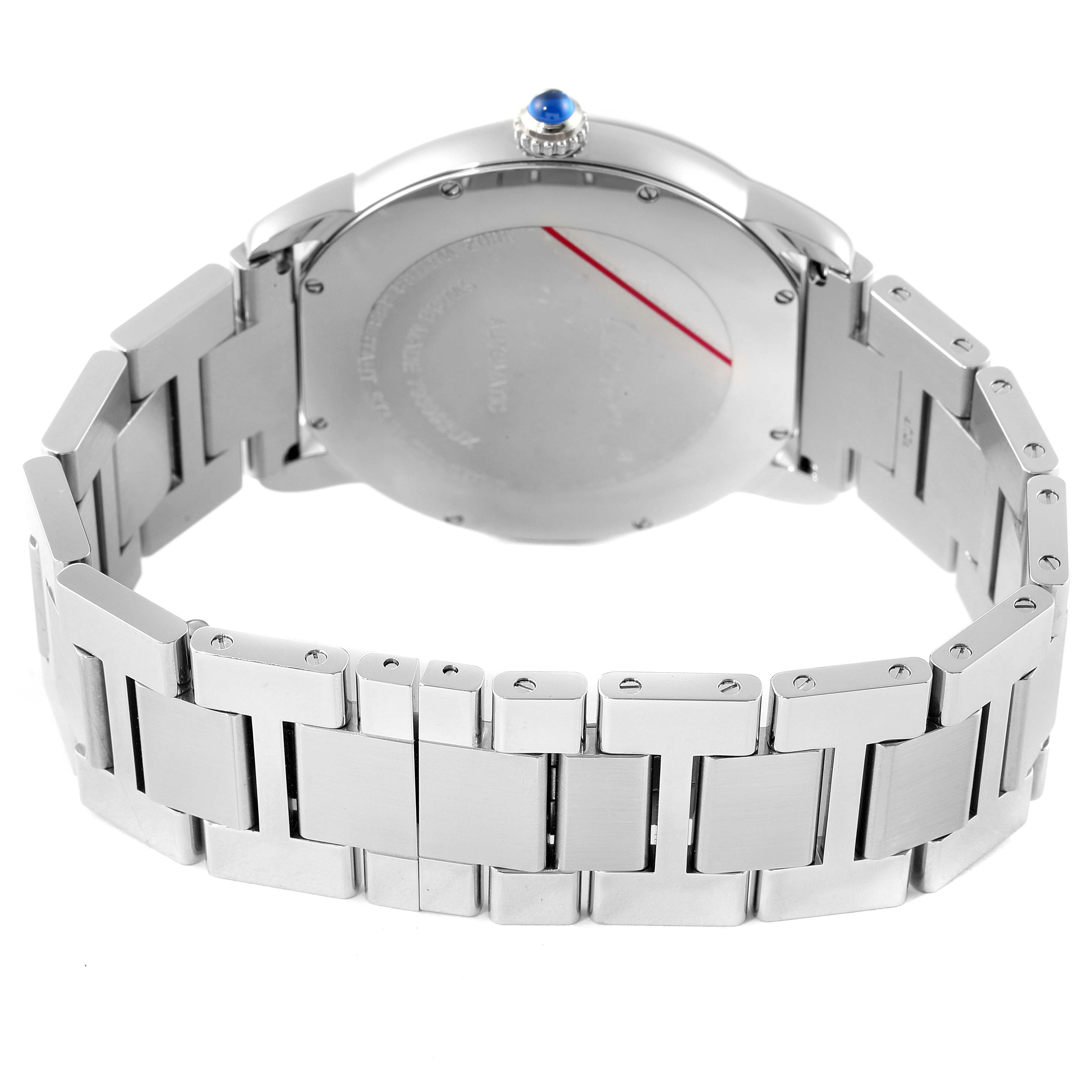 This image shows the back view of a Ronde model watch by Cartier, highlighting its metal bracelet and case back.