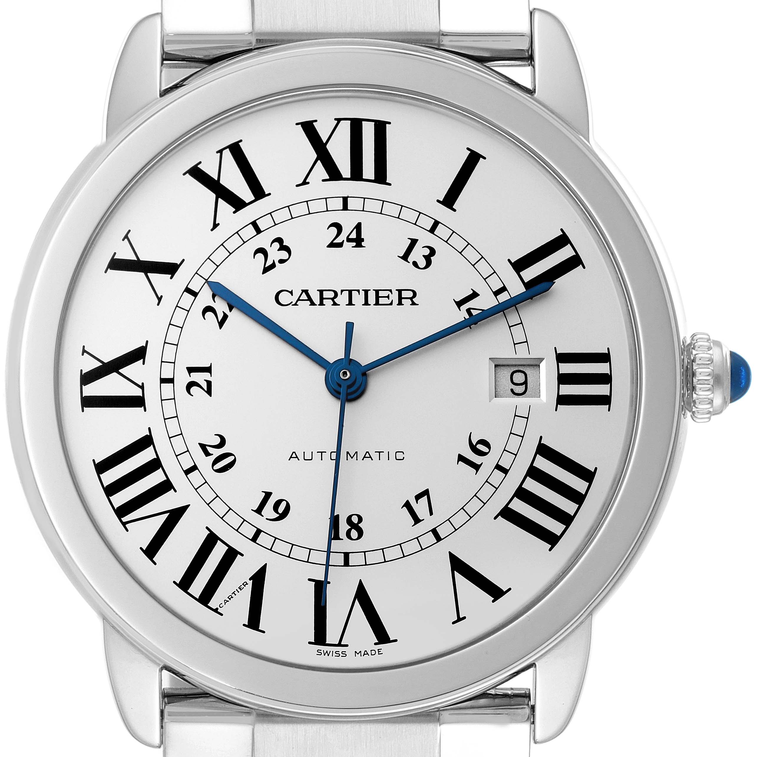 The image shows a frontal view of the Cartier Ronde W6701011 Men
s Stainless Steel Silver Dial W6701011 Men
s Stainless Steel Silver Dial watch, highlighting its Roman numerals, date display, and blue hands.