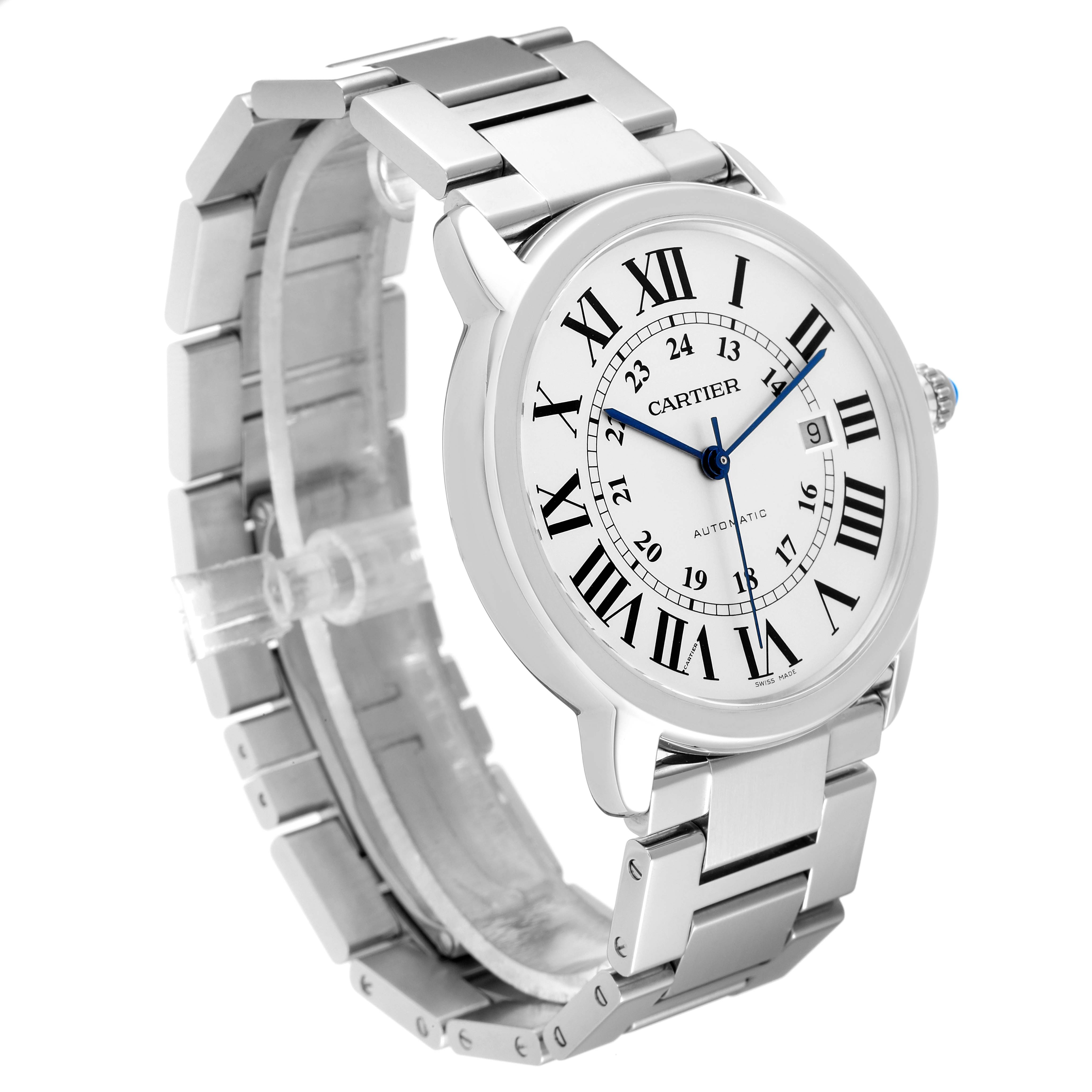 This image shows a Cartier Ronde W6701011 Men
s Stainless Steel Silver Dial W6701011 Men
s Stainless Steel Silver Dial model watch at a slightly oblique angle, highlighting the face and bracelet.