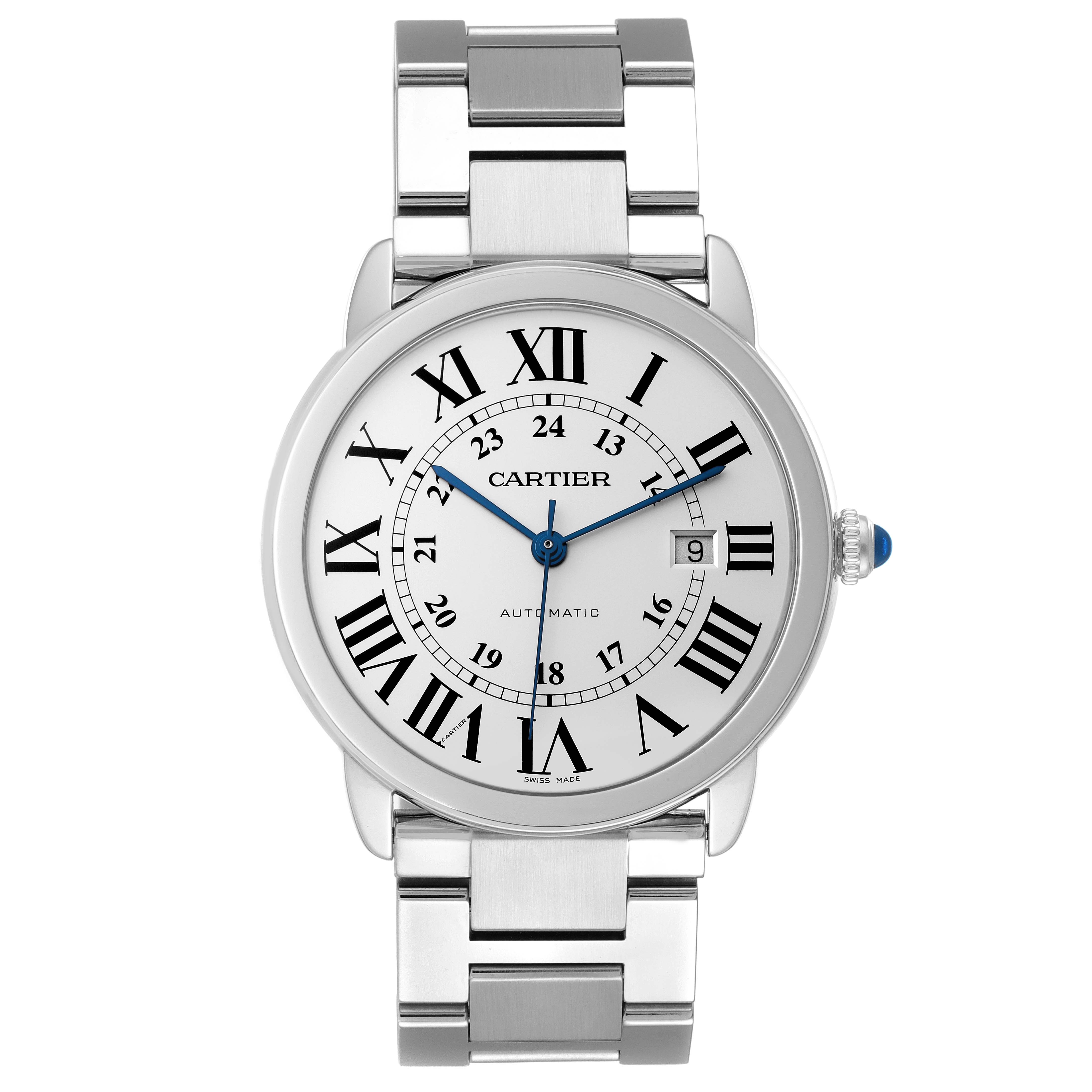 The image shows a Cartier Ronde W6701011 Men
s Stainless Steel Silver Dial W6701011 Men
s Stainless Steel Silver Dial model watch from a front angle, displaying the face and bracelet.