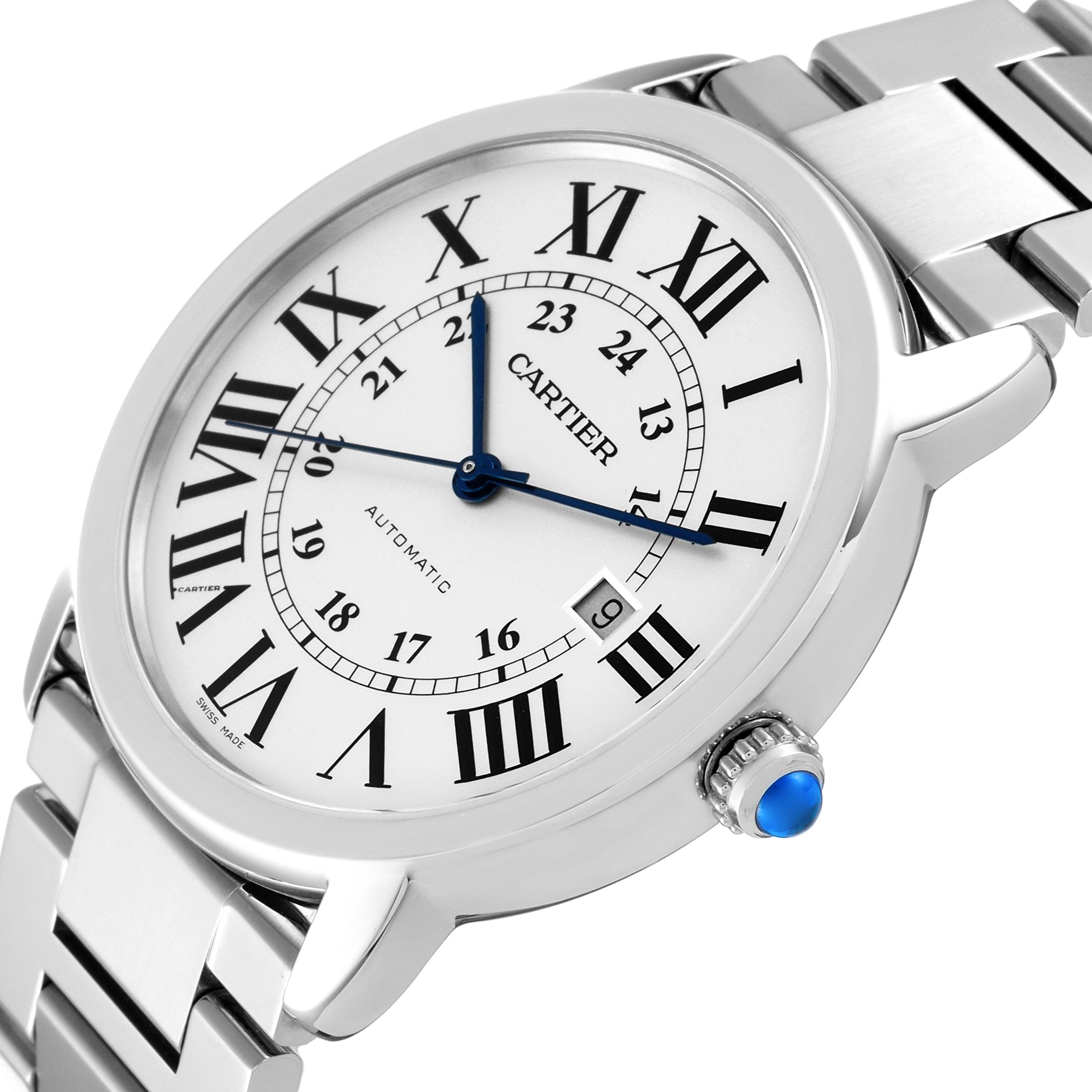 The image shows a Cartier Ronde W6701011 Men
s Stainless Steel Silver Dial W6701011 Men
s Stainless Steel Silver Dial watch at a slight angle focusing on the watch face, crown, and part of the metal bracelet.