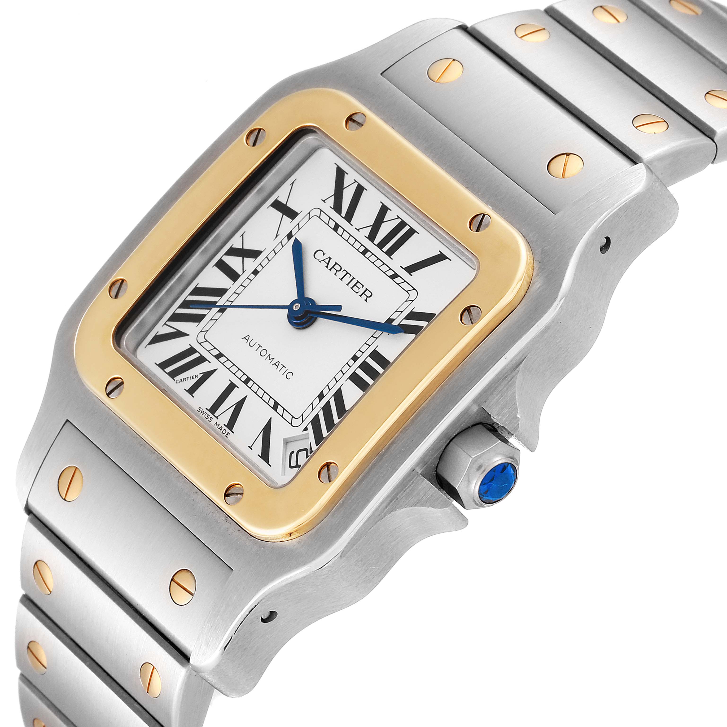 The image shows a close-up side angle of the Cartier Santos W20099C4 Men's Steel and Gold (two tone) Silver Dial W20099C4 Men's Steel and Gold (two tone) Silver Dial watch, highlighting the bezel, dial, crown, and part of the bracelet.