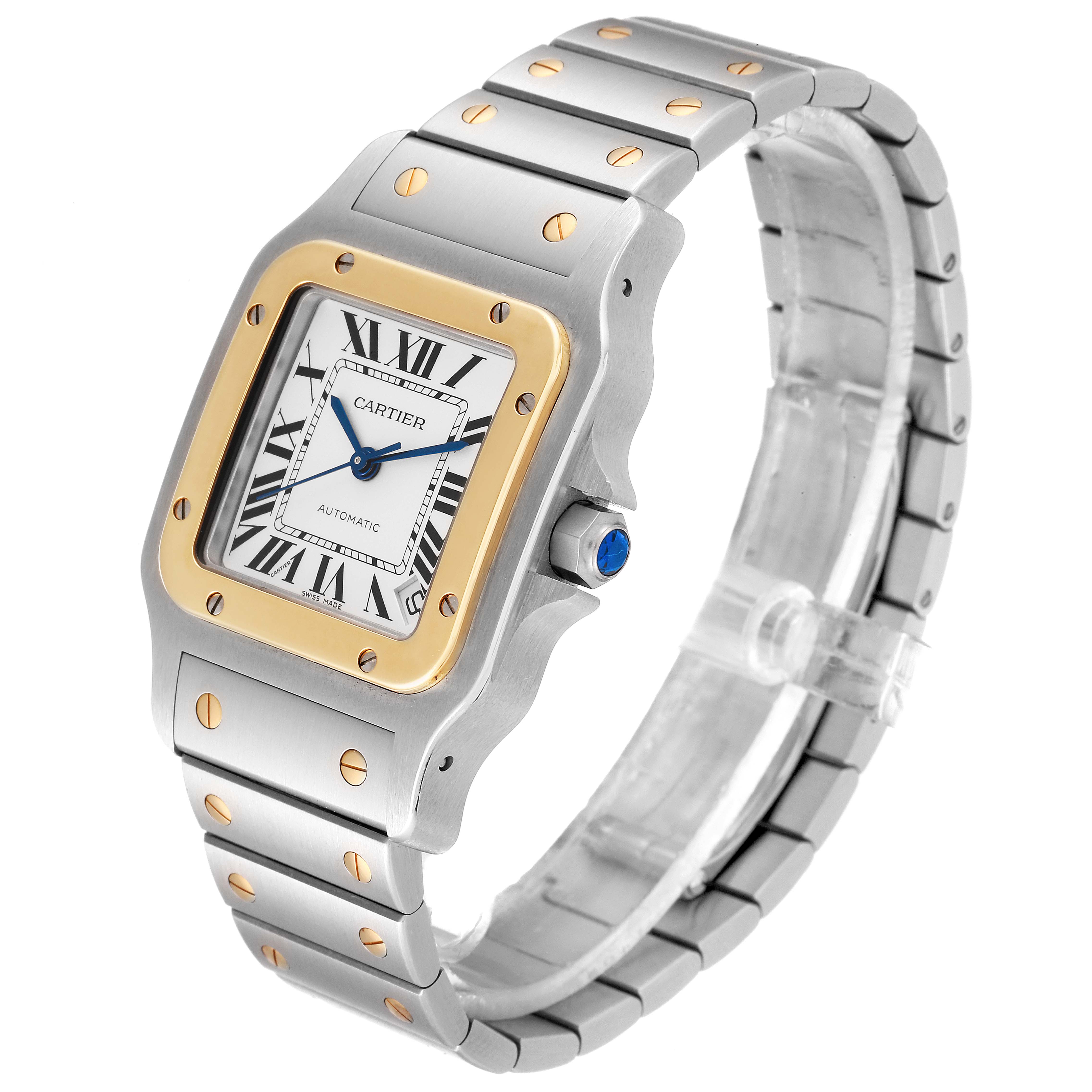 The image shows a Cartier Santos W20099C4 Men's Steel and Gold (two tone) Silver Dial W20099C4 Men's Steel and Gold (two tone) Silver Dial watch at a three-quarter angle, highlighting the face, bezel, crown, and bracelet.