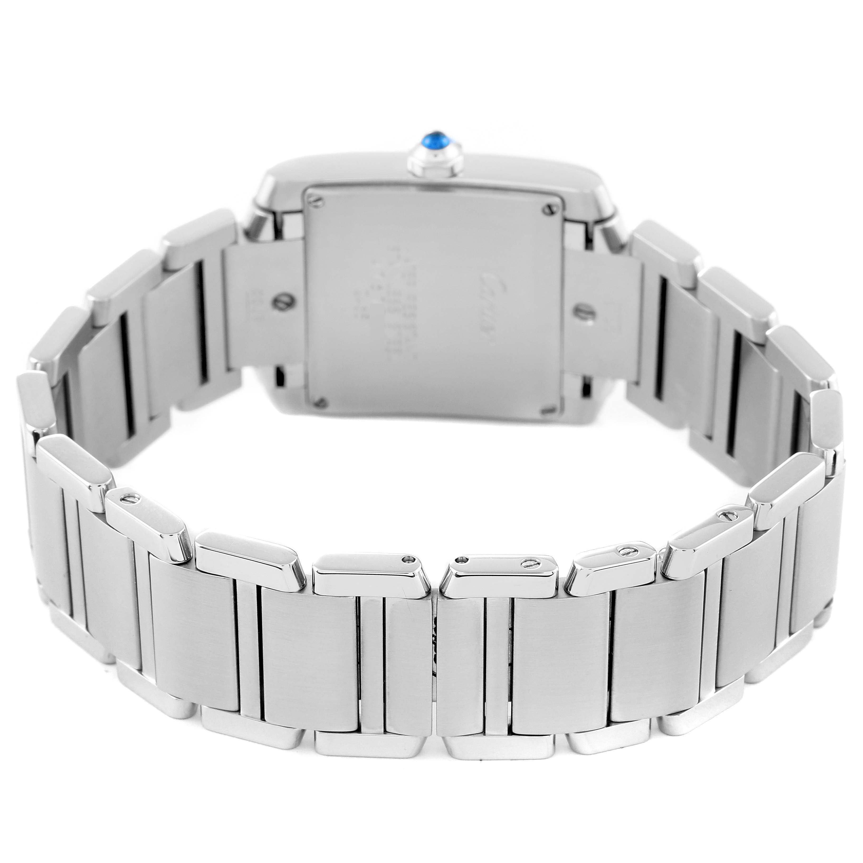 The image shows a rear view of the Cartier Tank Francaise W51011Q3 Women's Stainless Steel Silver Dial W51011Q3 Women's Stainless Steel Silver Dial watch, highlighting its bracelet and case back.
