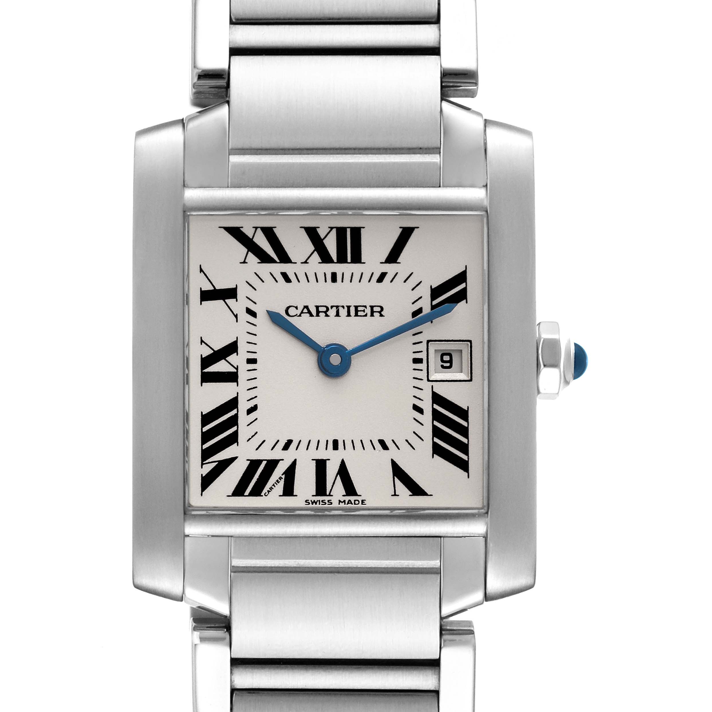 This Cartier Tank Francaise W51011Q3 Women's Stainless Steel Silver Dial W51011Q3 Women's Stainless Steel Silver Dial watch is shown from a front angle highlighting the face, Roman numeral markers, and part of the bracelet.
