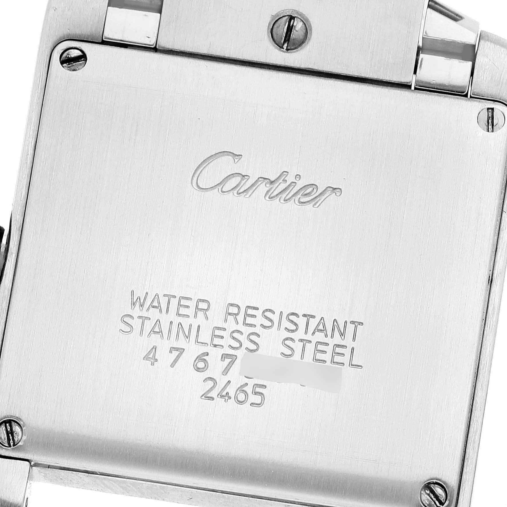 This is the back panel of a Cartier Tank Francaise W51011Q3 Women's Stainless Steel Silver Dial W51011Q3 Women's Stainless Steel Silver Dial watch, showing the brand logo and water resistance details.