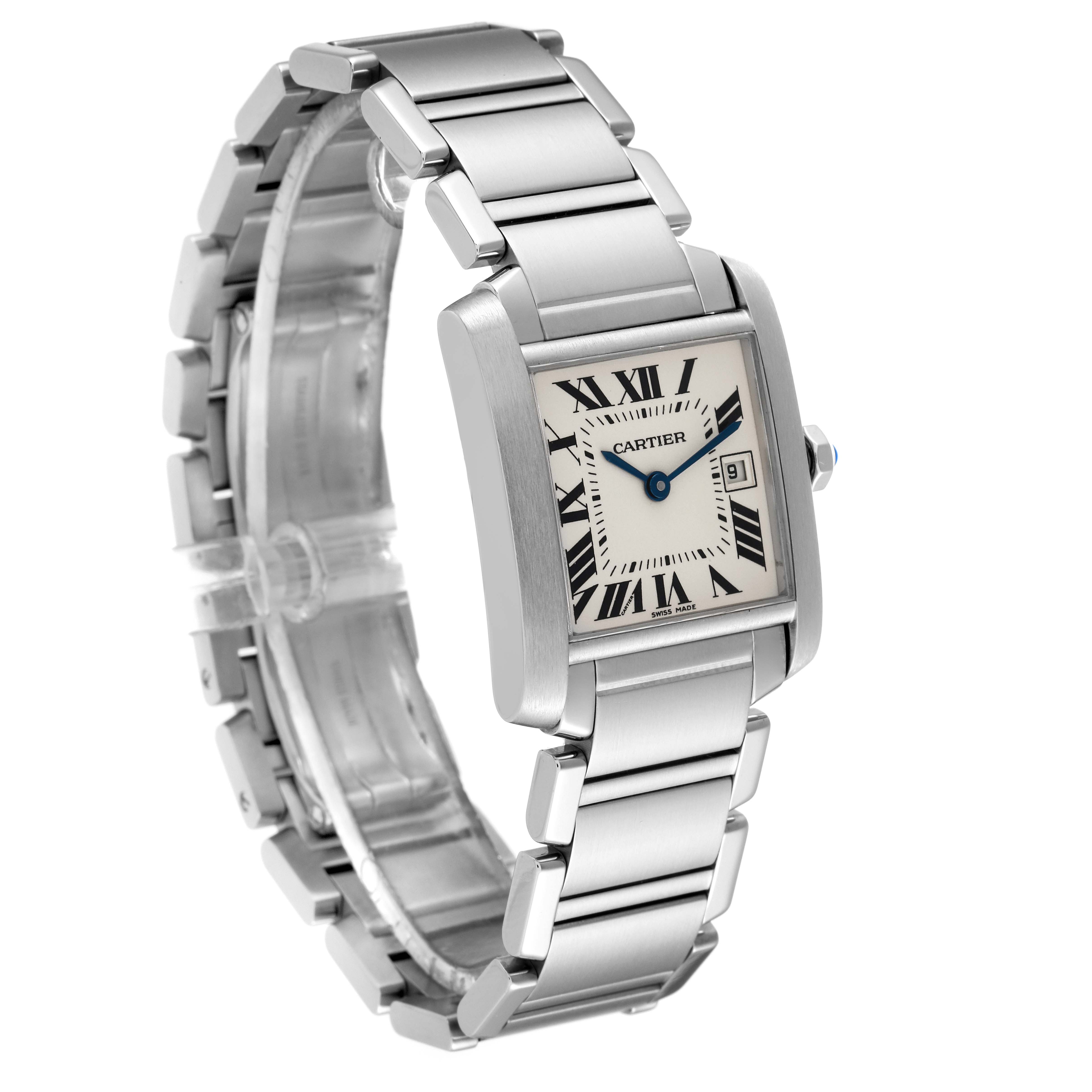 The image shows a close-up, angled view of the Cartier Tank Francaise W51011Q3 Women's Stainless Steel Silver Dial W51011Q3 Women's Stainless Steel Silver Dial watch, highlighting its stainless steel bracelet and rectangular face.