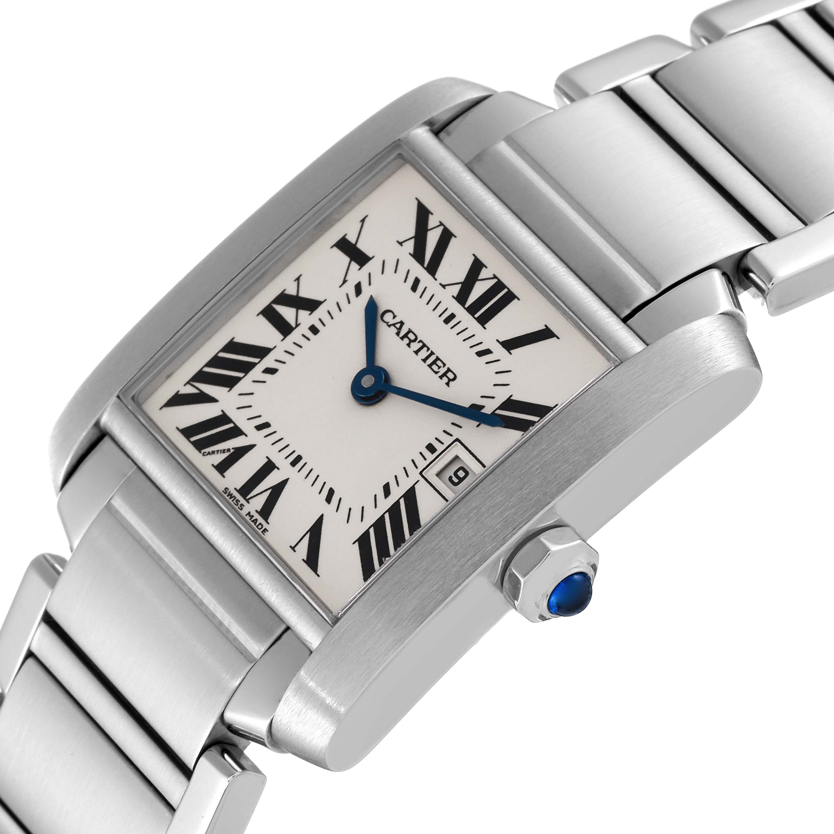 This image shows a close-up angled view of the Cartier Tank Francaise W51011Q3 Women's Stainless Steel Silver Dial W51011Q3 Women's Stainless Steel Silver Dial watch, highlighting the dial, Roman numerals, and metal strap.