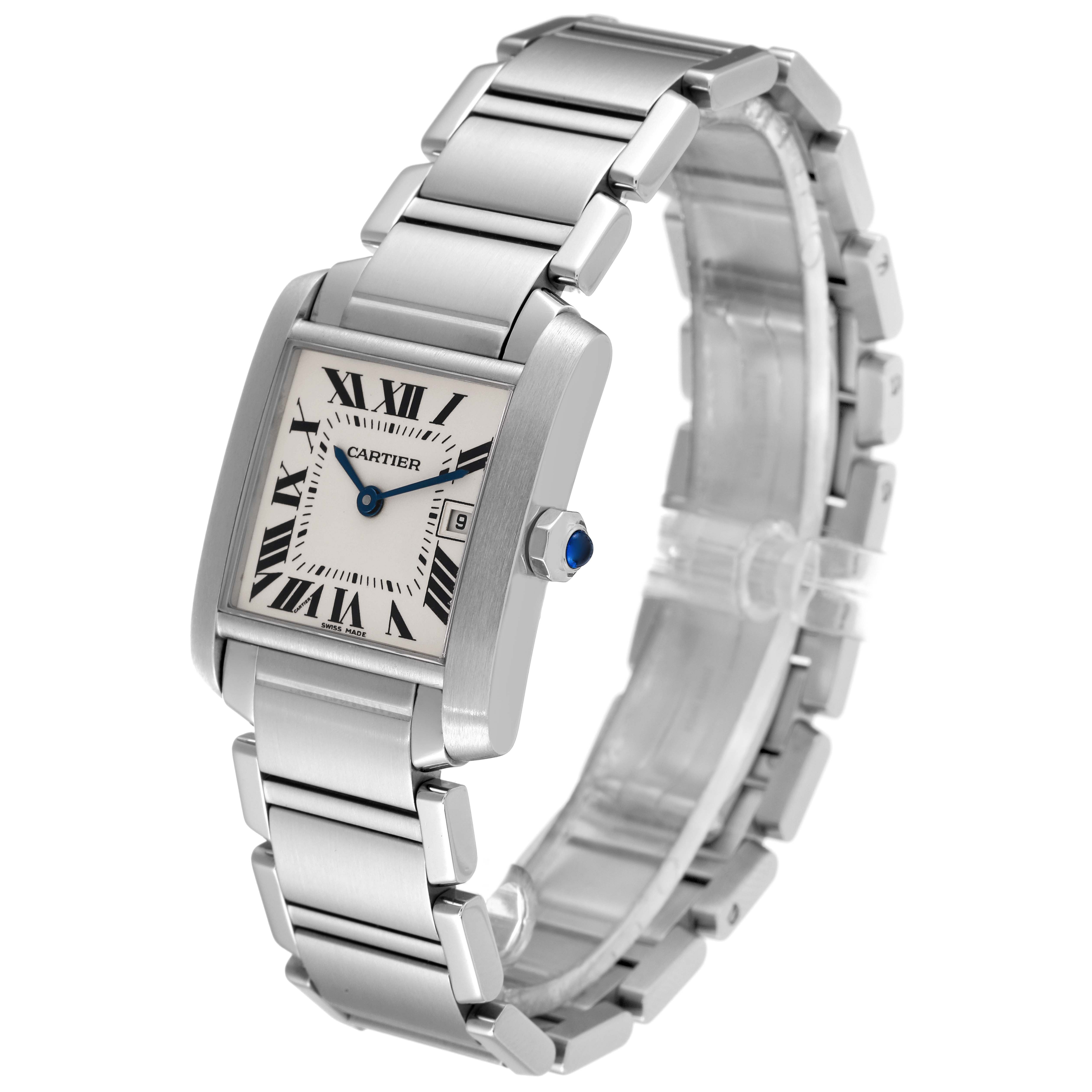 The image shows a Cartier Tank Française watch from a slight angled perspective, highlighting the face and metal bracelet.