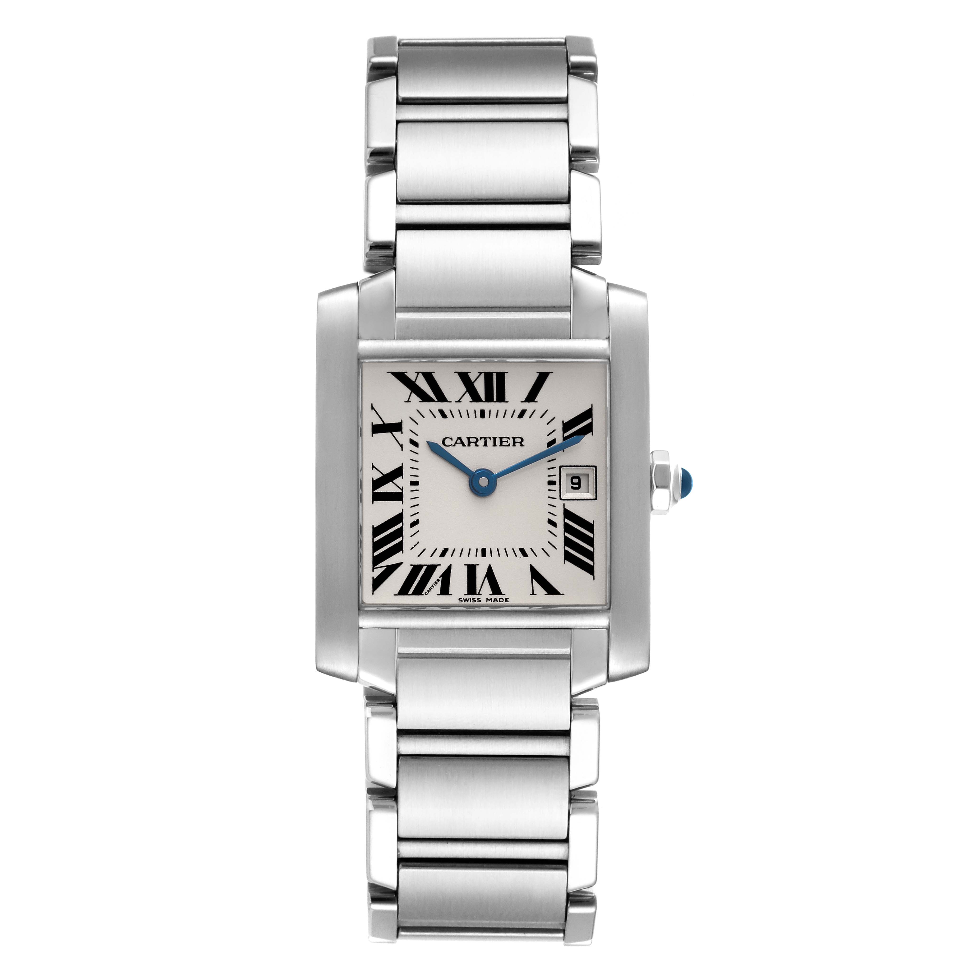 The image shows a front view of the Tank Francaise watch by Cartier, displaying the face, bracelet, and crown.