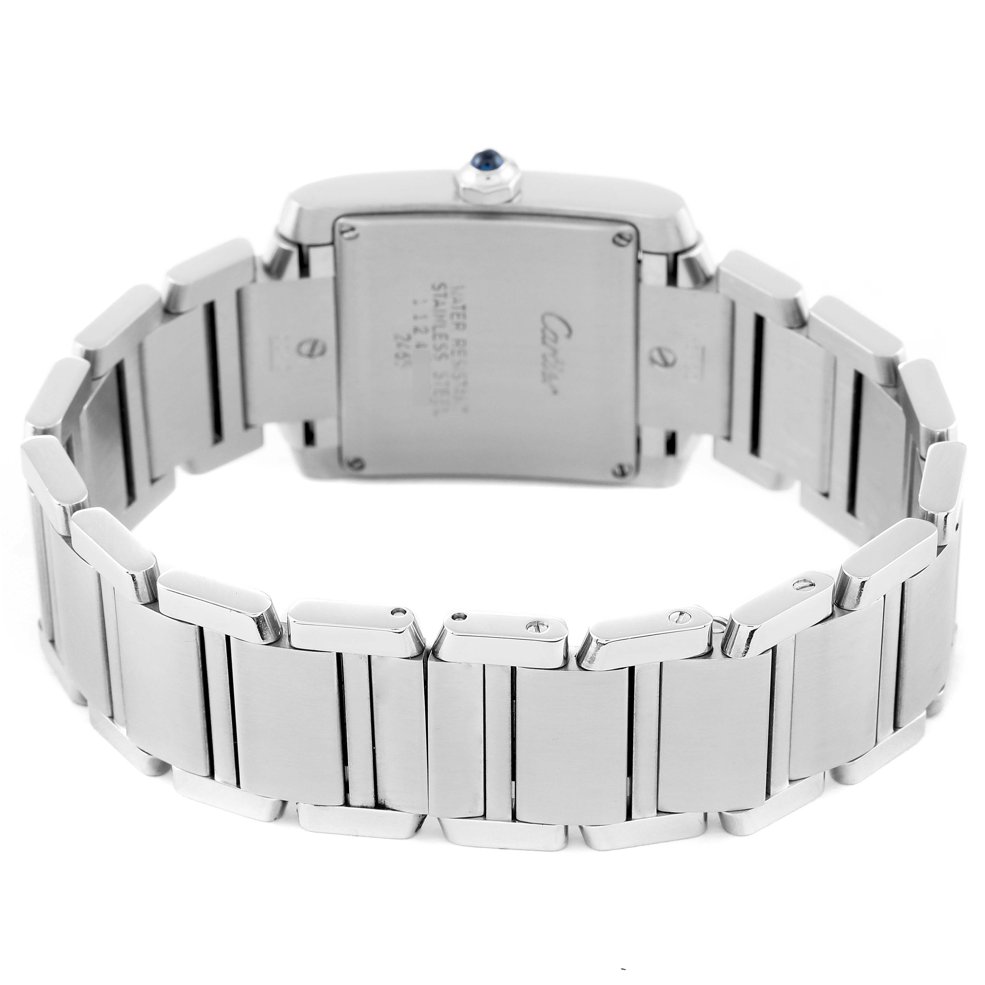 The image shows the back view of the Cartier Tank Francaise W51011Q3 Women's Stainless Steel Silver Dial W51011Q3 Women's Stainless Steel Silver Dial watch, highlighting the case back and stainless steel bracelet.