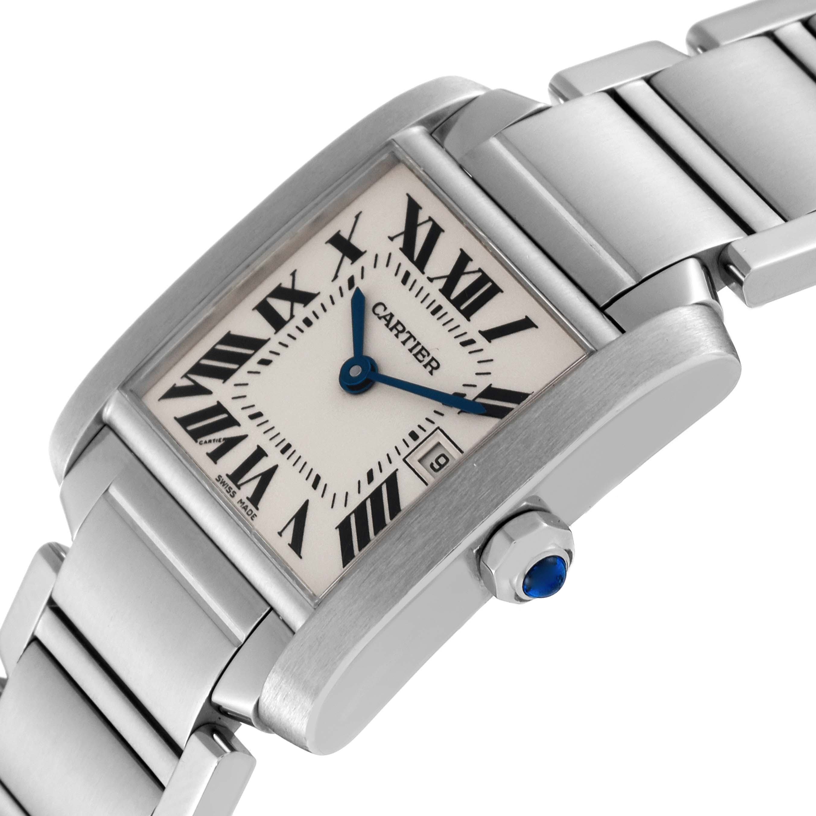 This image shows a close-up angle of the face and band of the Cartier Tank Francaise W51011Q3 Women's Stainless Steel Silver Dial W51011Q3 Women's Stainless Steel Silver Dial watch.
