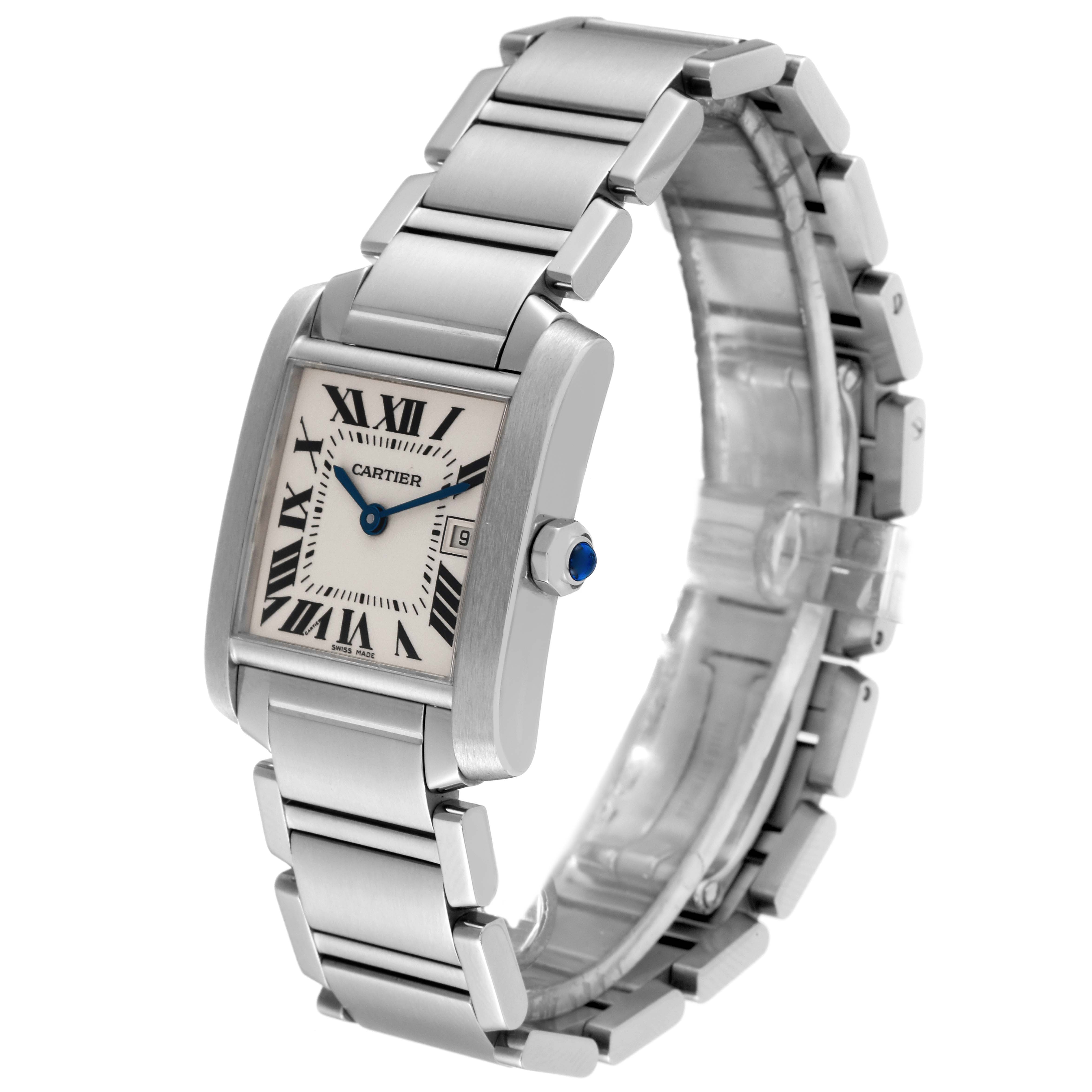 This image shows a frontal and slightly angled view of the Cartier Tank Francaise W51011Q3 Women's Stainless Steel Silver Dial W51011Q3 Women's Stainless Steel Silver Dial watch, highlighting its bracelet, face, and crown.