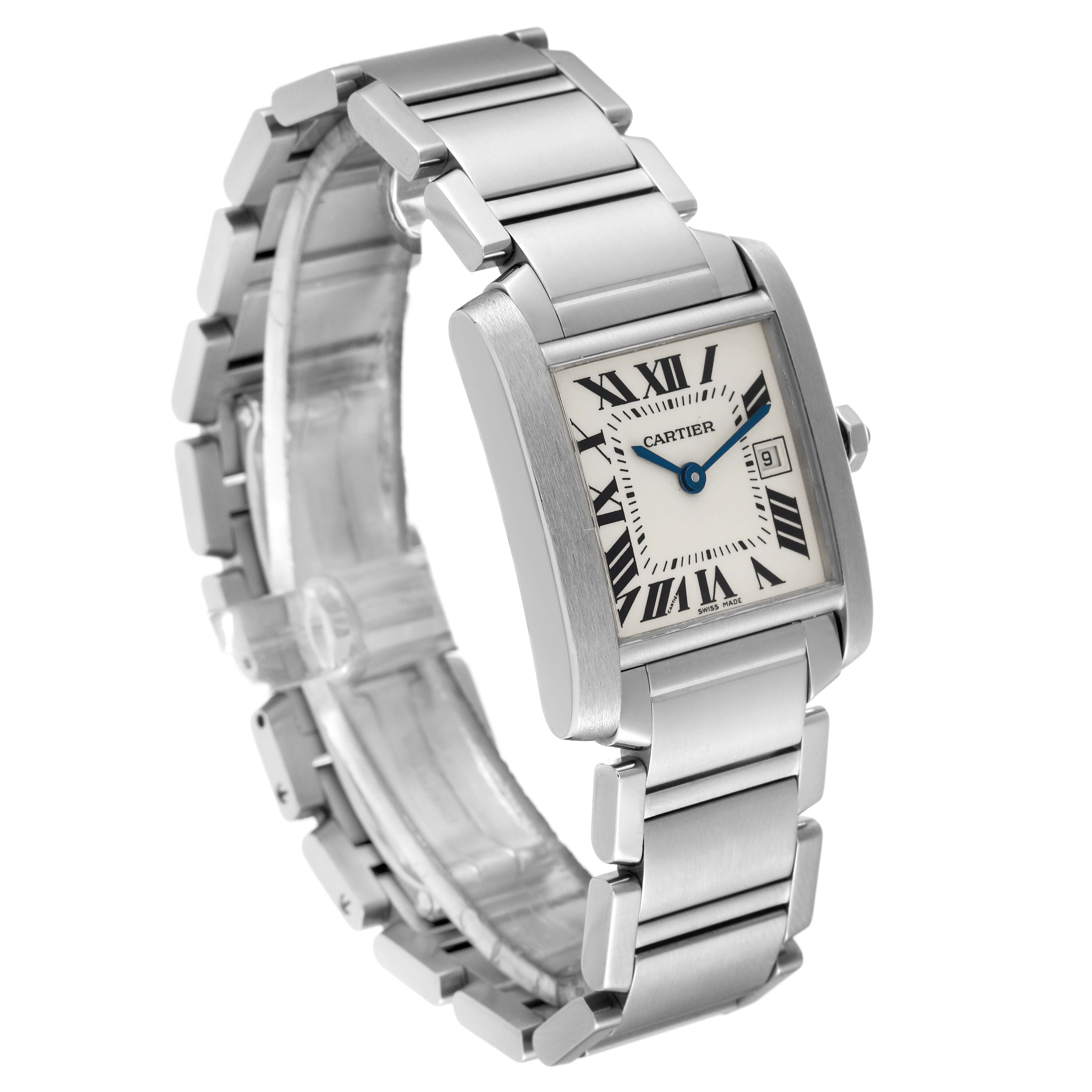 The image shows a Tank Francaise model by Cartier, captured at a three-quarter angle highlighting the face, bezel, and bracelet.