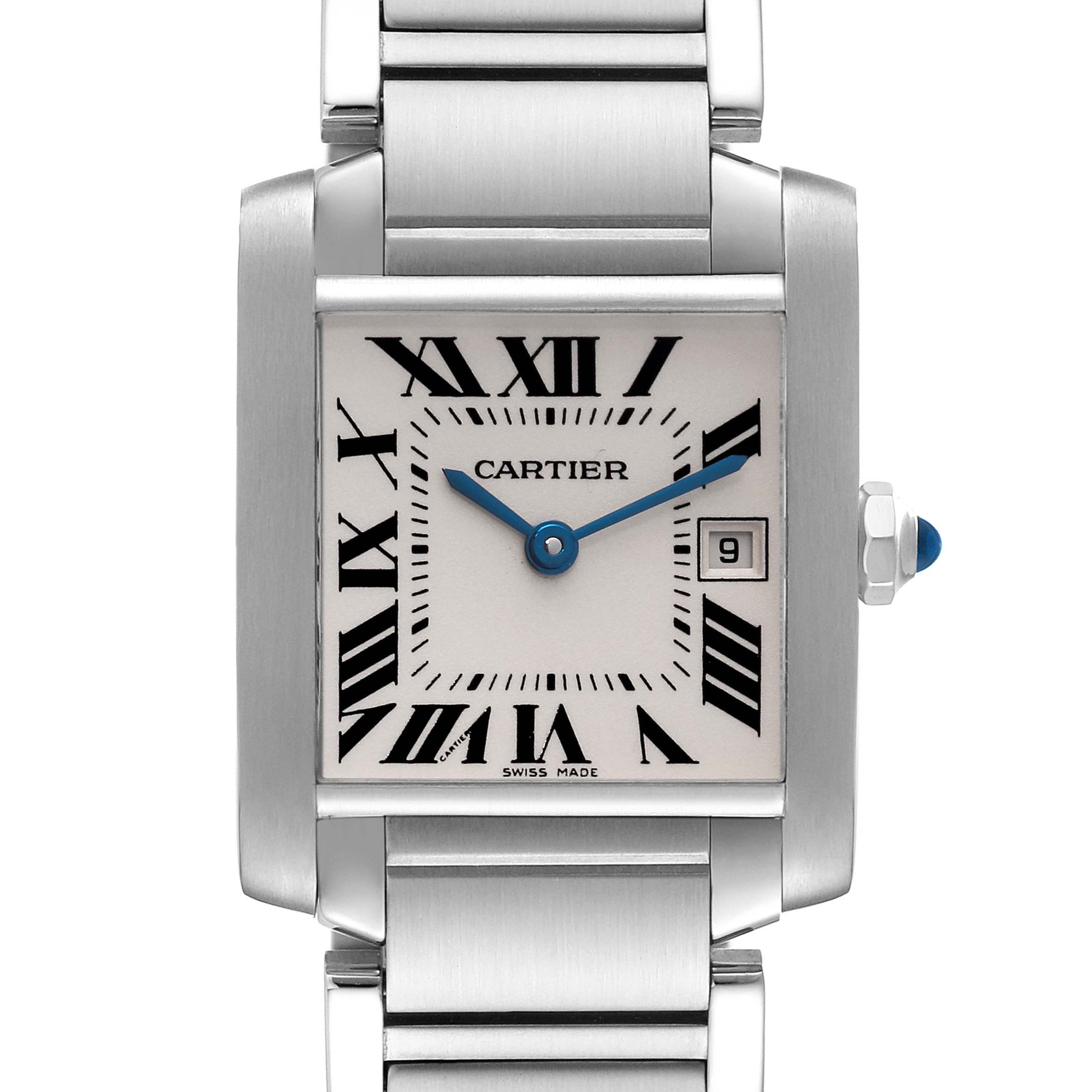Front view of the Tank Francaise watch by Cartier, showing the dial, Roman numerals, hands, date window, and part of the bracelet.