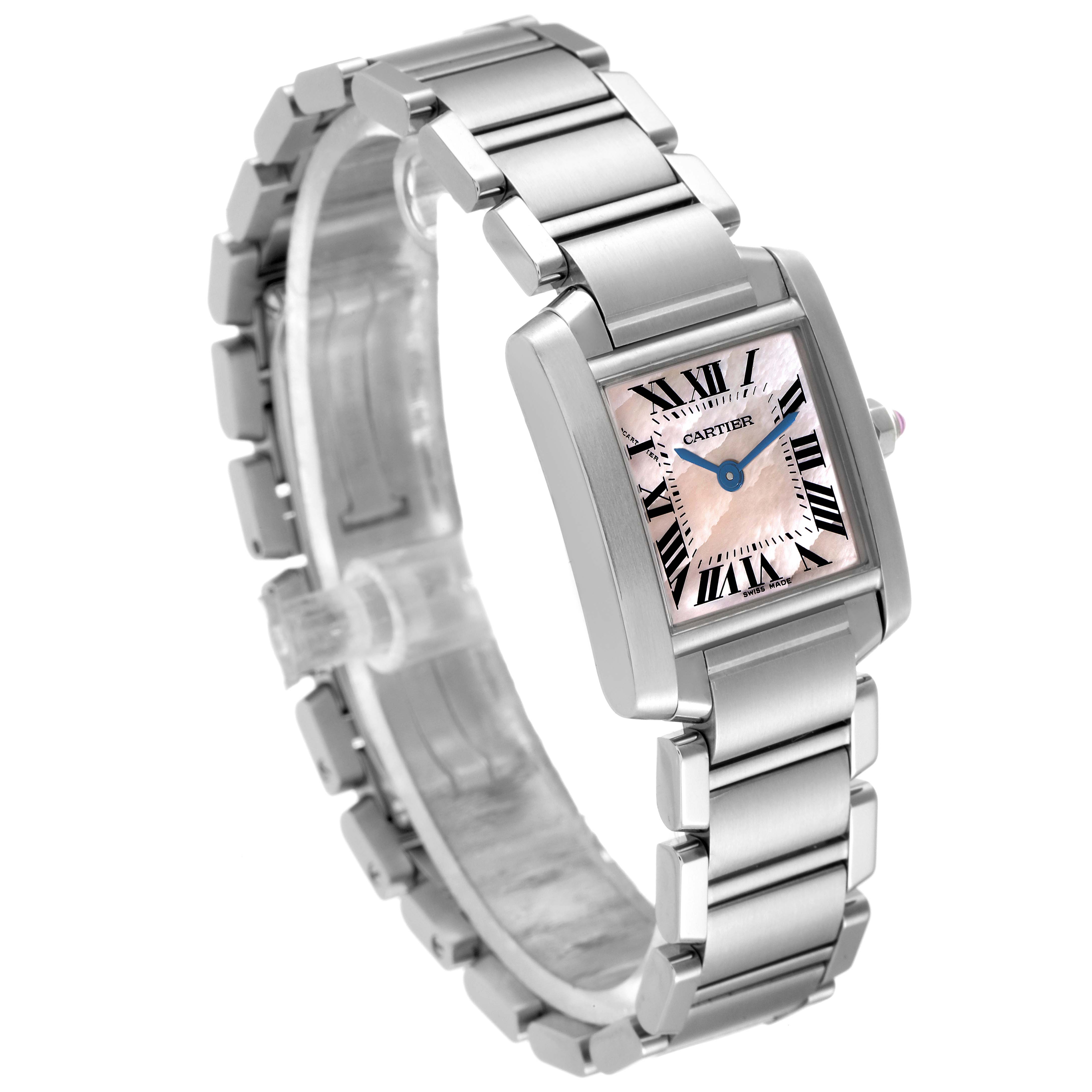 The image shows a Cartier Tank Francaise W51028Q3 Women's Stainless Steel Mother of Pearl Dial W51028Q3 Women's Stainless Steel Mother of Pearl Dial watch angled to display its face, bracelet, and crown.