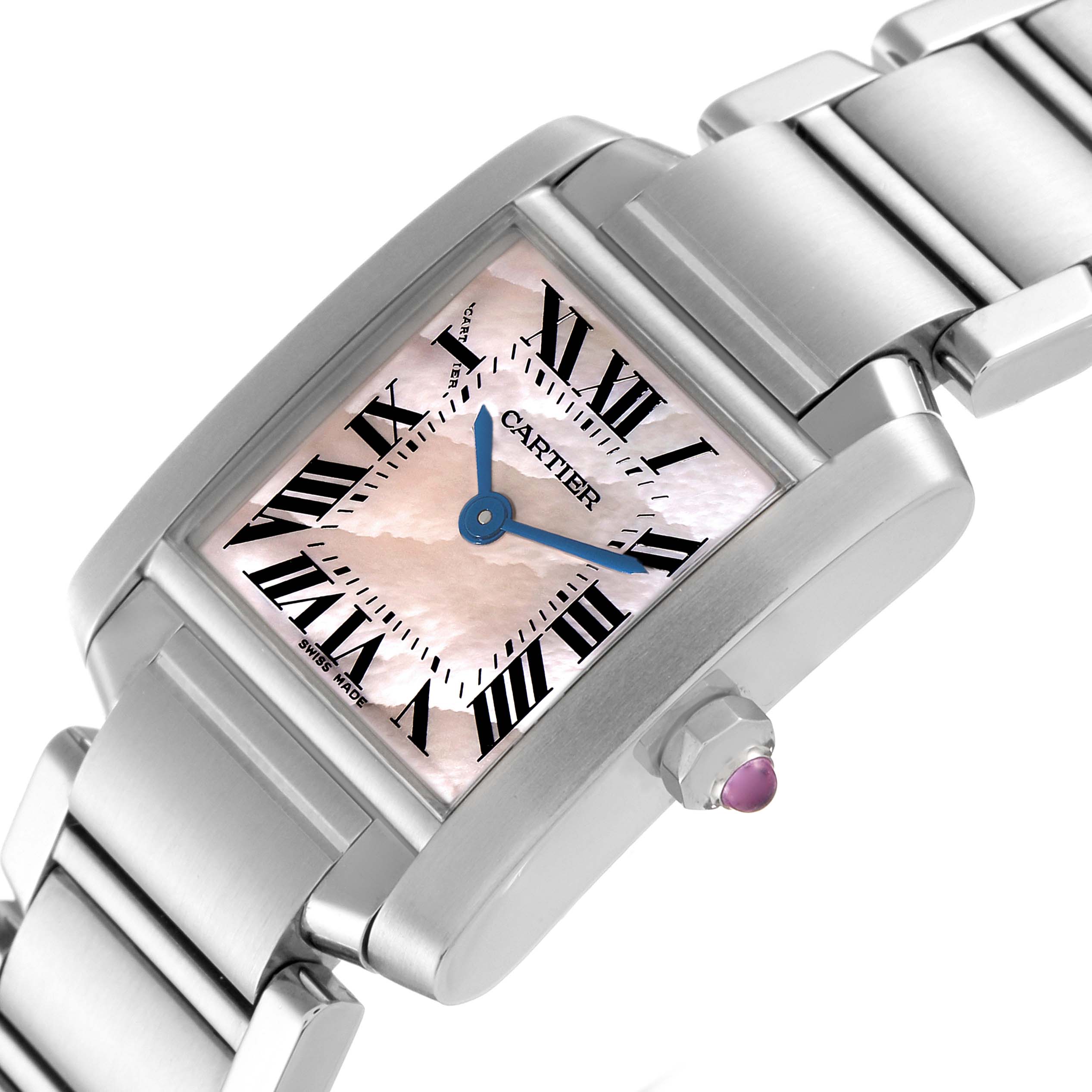 The image shows a close-up, angled view of the Cartier Tank Francaise W51028Q3 Women's Stainless Steel Mother of Pearl Dial W51028Q3 Women's Stainless Steel Mother of Pearl Dial watch face, crown, and part of the bracelet.