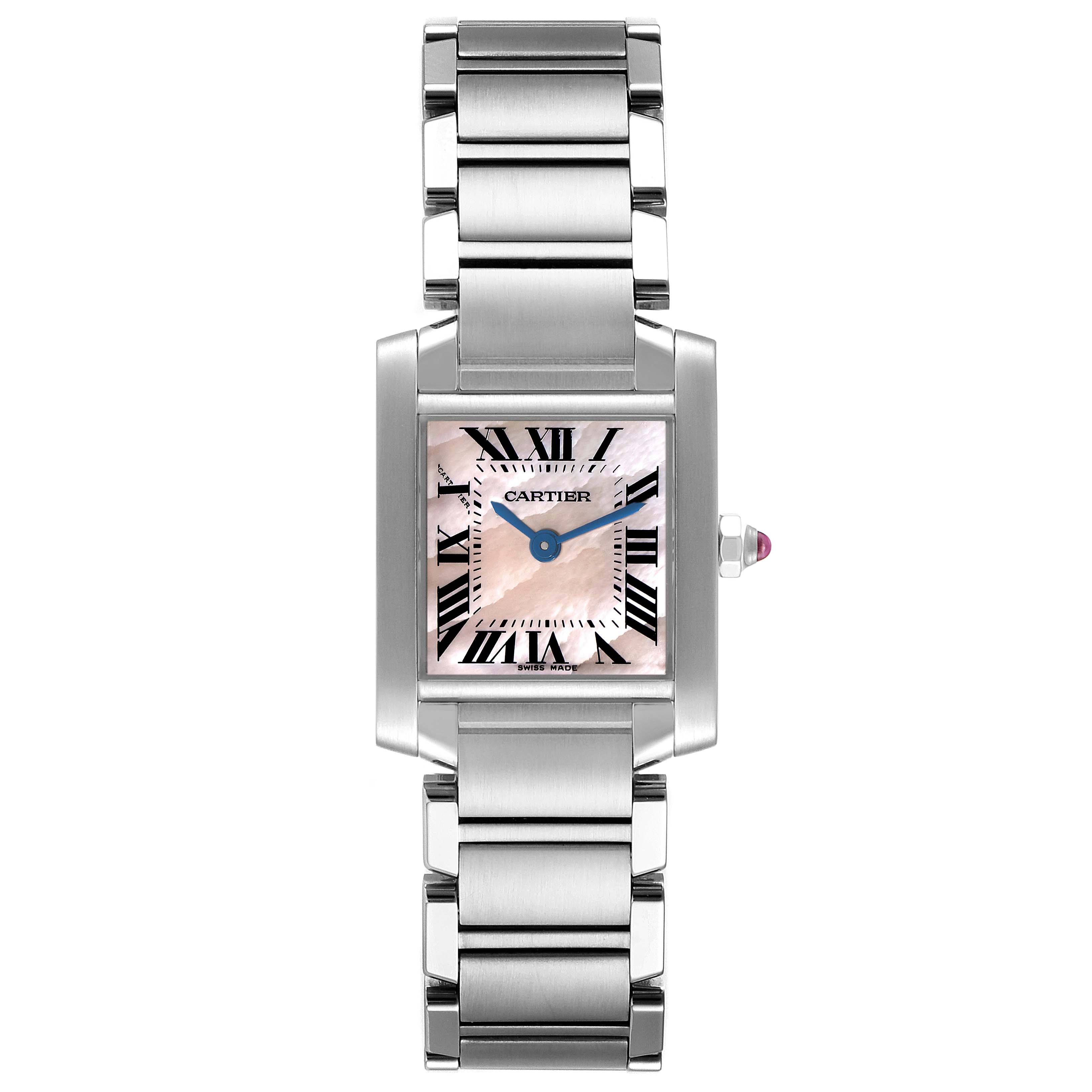 This Cartier Tank Francaise W51028Q3 Women's Stainless Steel Mother of Pearl Dial W51028Q3 Women's Stainless Steel Mother of Pearl Dial watch is shown from a top-down view, displaying the face, strap, and crown.