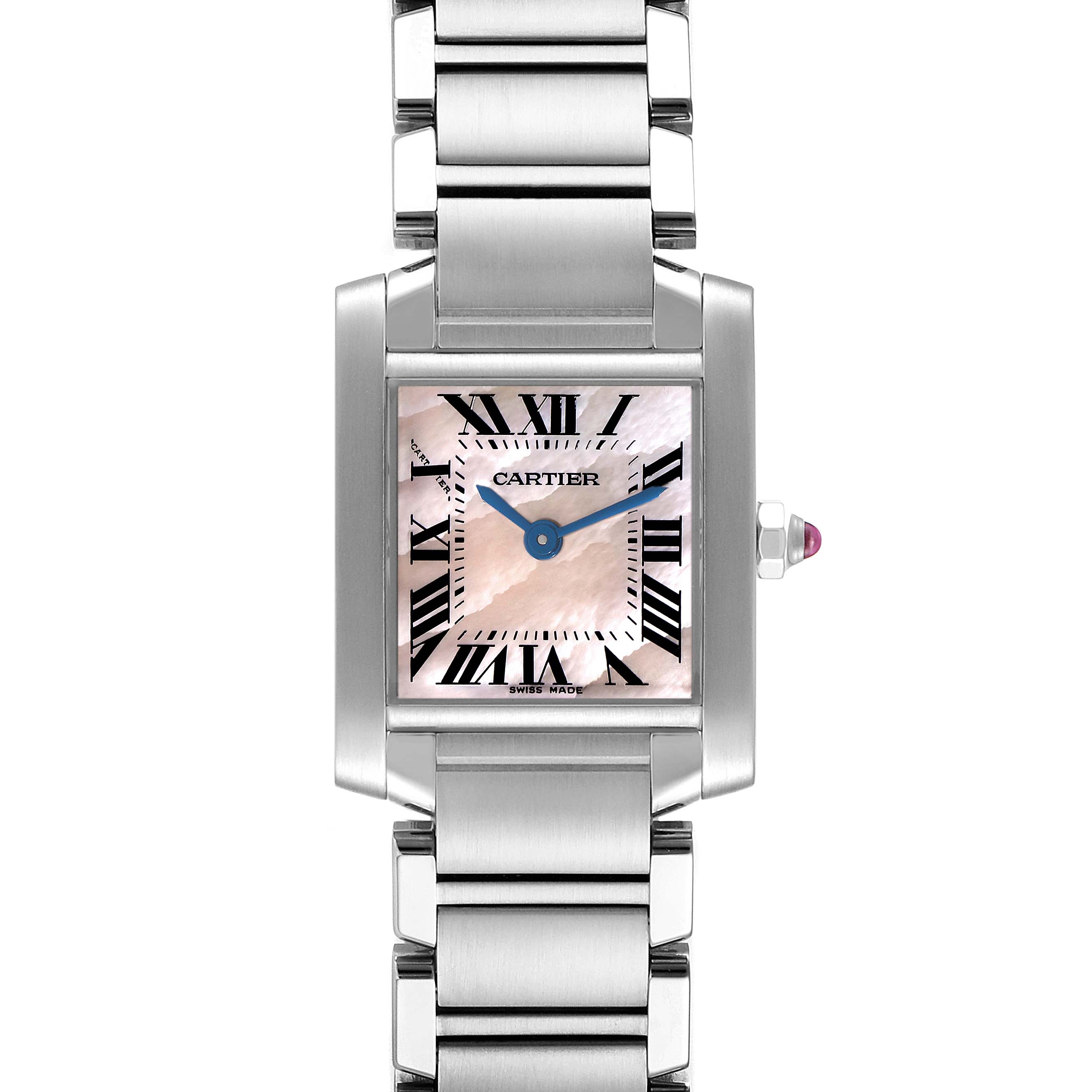 The image shows a frontal view of the Cartier Tank Francaise W51028Q3 Women's Stainless Steel Mother of Pearl Dial W51028Q3 Women's Stainless Steel Mother of Pearl Dial watch, highlighting its face, bracelet, and crown.