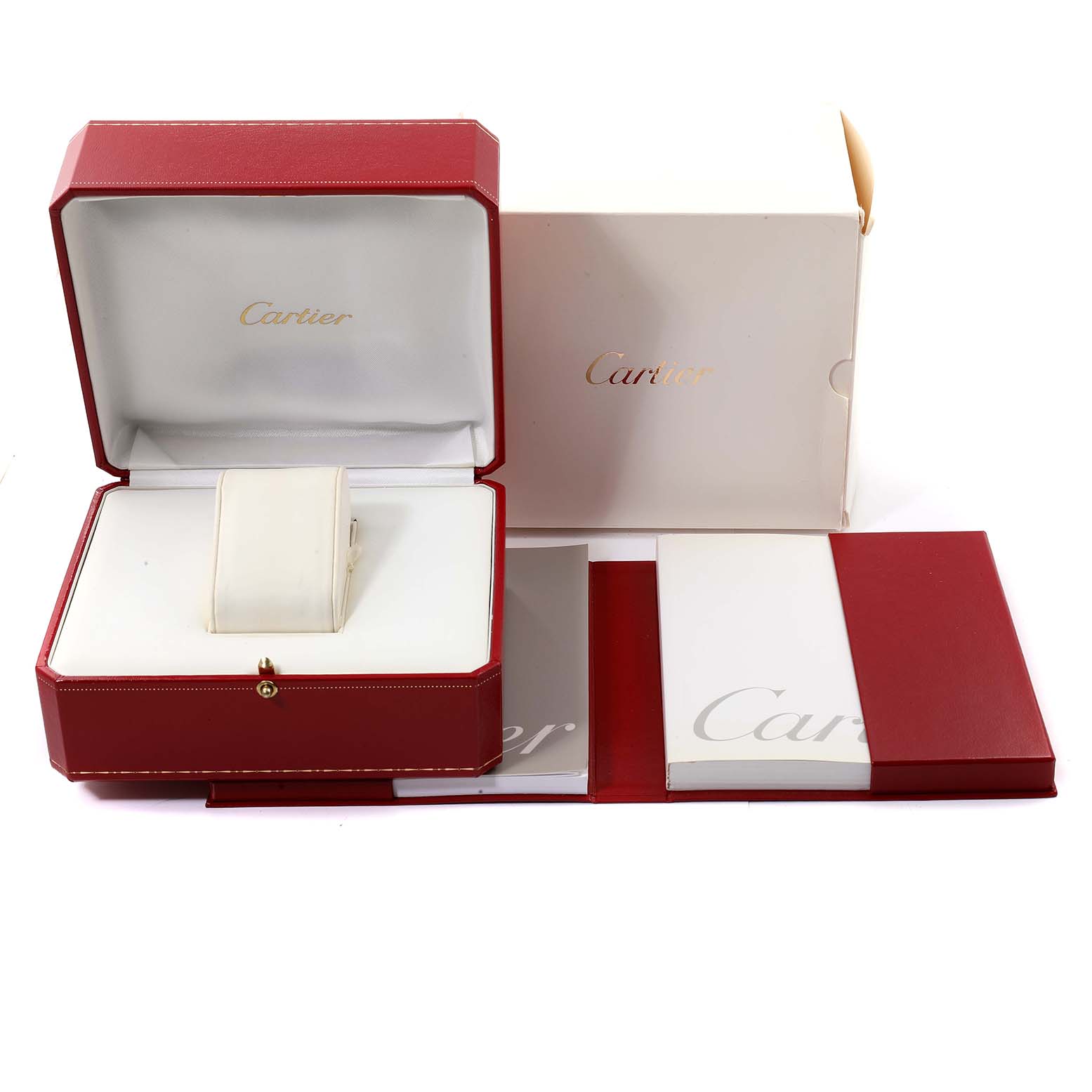 The image shows the packaging and accessories for a Cartier Tank Francaise W51028Q3 Women's Stainless Steel Mother of Pearl Dial W51028Q3 Women's Stainless Steel Mother of Pearl Dial watch, including the watch box and documentation.