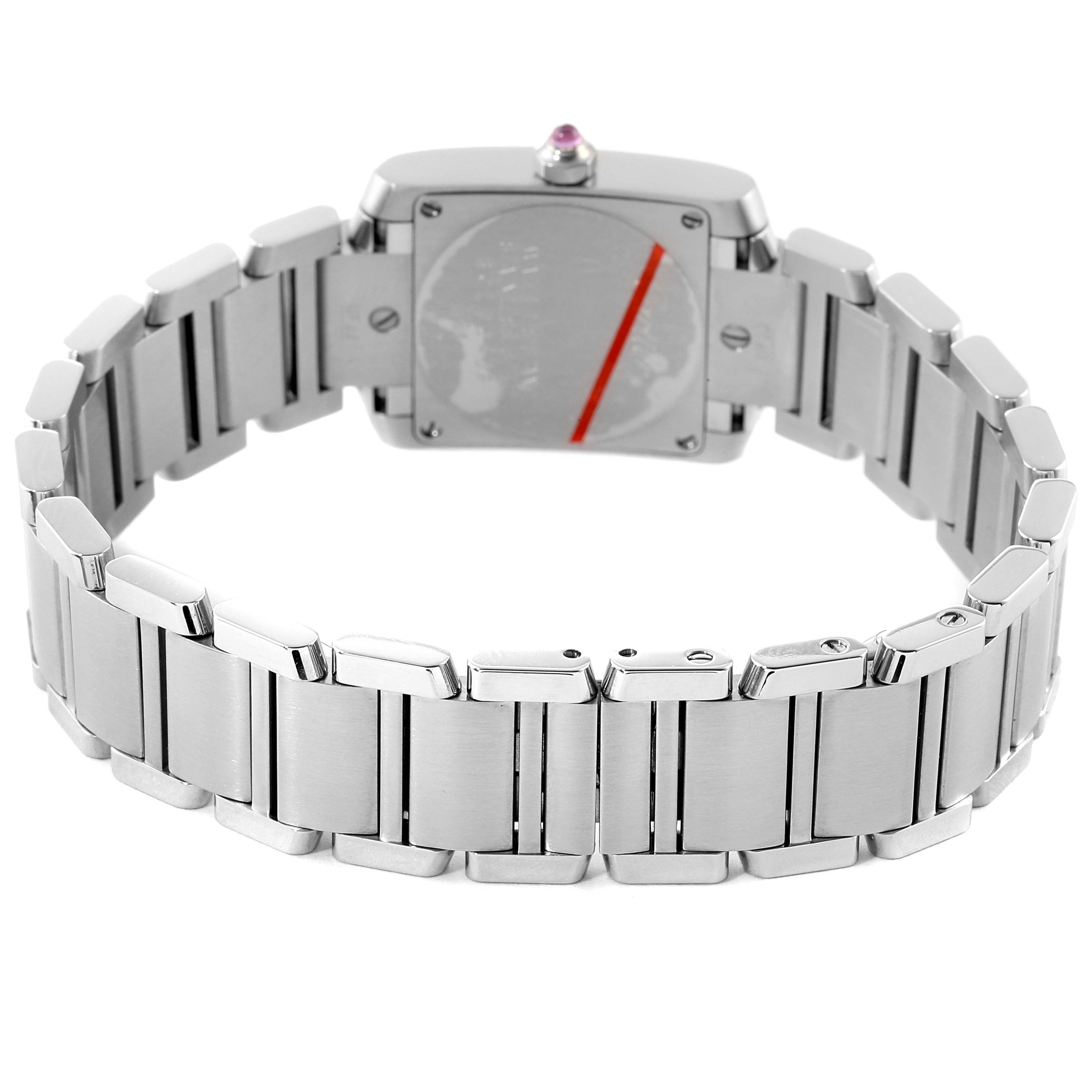 The image shows the back and bracelet of a Cartier Tank Francaise W51028Q3 Women's Stainless Steel Mother of Pearl Dial W51028Q3 Women's Stainless Steel Mother of Pearl Dial watch.