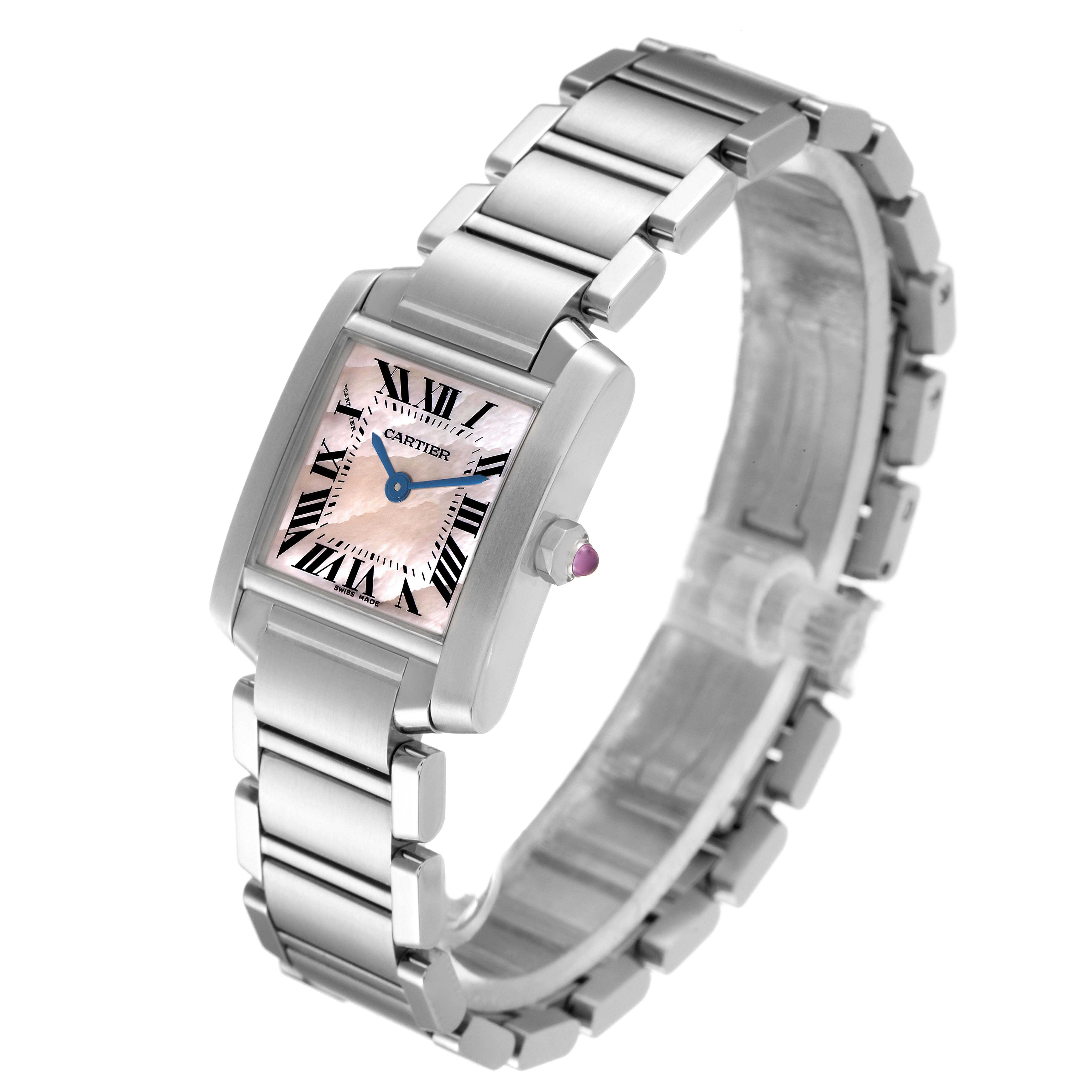 The image shows a Cartier Tank Francaise W51028Q3 Women's Stainless Steel Mother of Pearl Dial W51028Q3 Women's Stainless Steel Mother of Pearl Dial watch at a slight angle, highlighting its square face, bracelet strap, and purple cabochon crown.