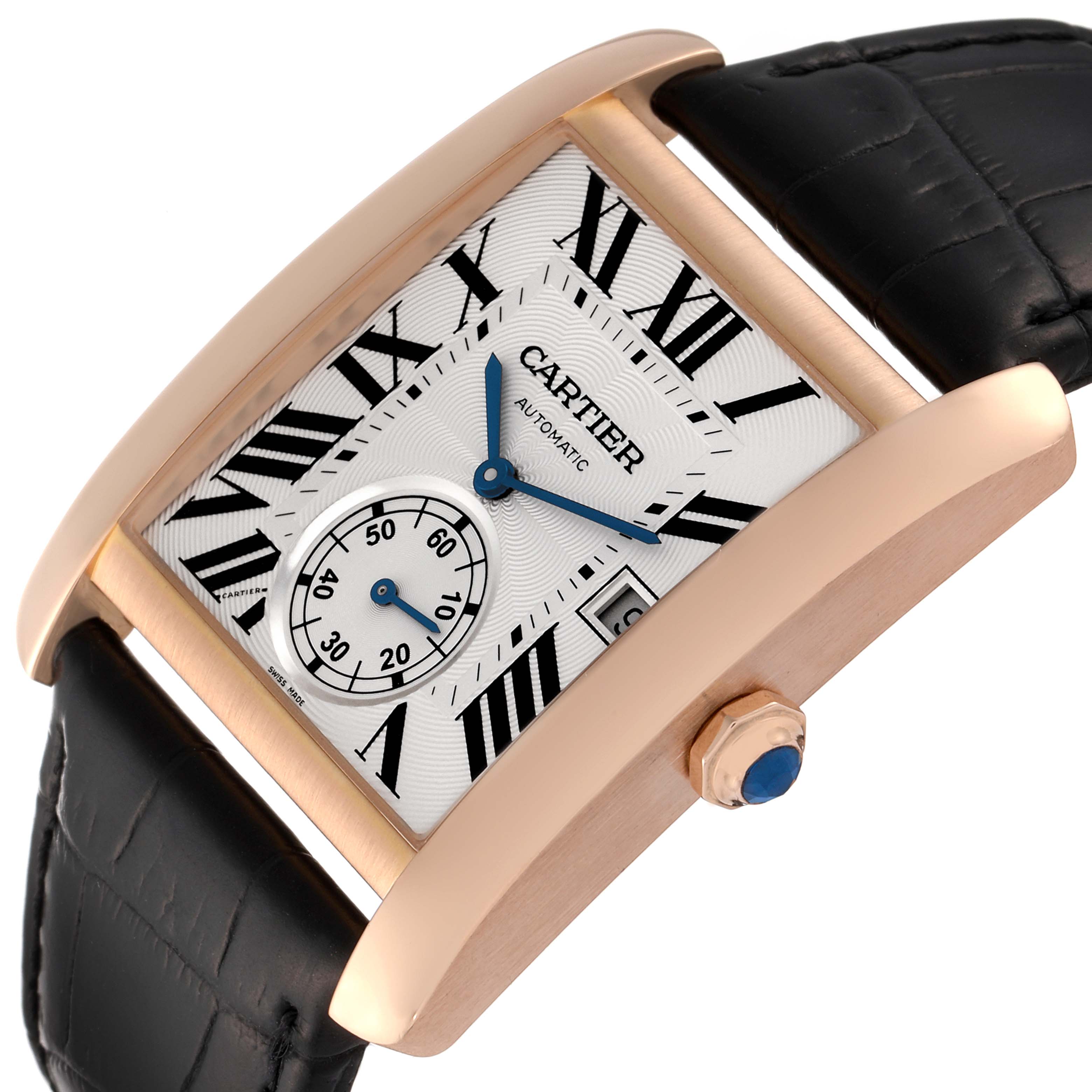 This image shows a close-up, angled view of the Cartier Tank MC W5330001 Men's Rose Gold Silver Dial W5330001 Men's Rose Gold Silver Dial watch, highlighting its dial, case, and leather strap.