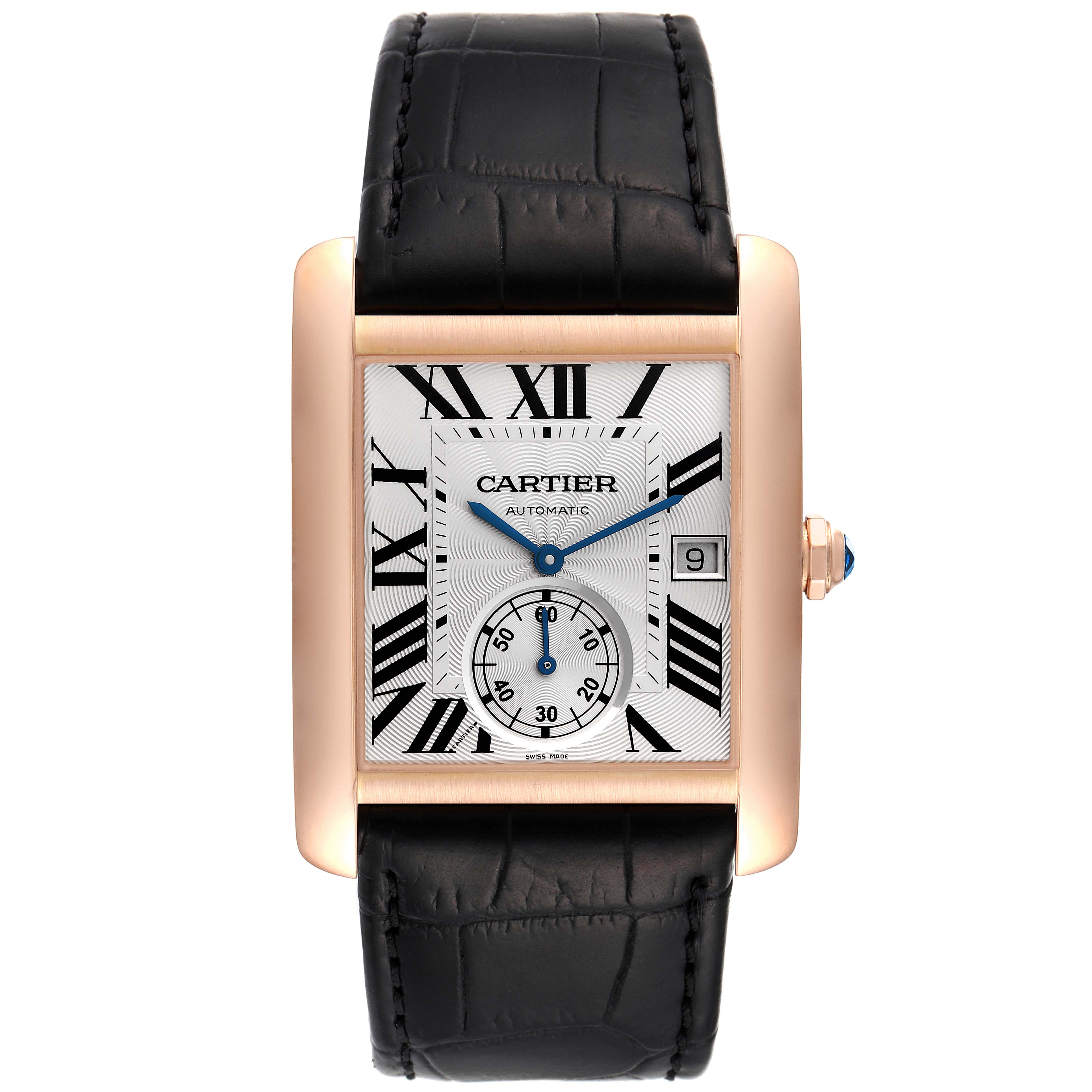 The image shows a front view of the Cartier Tank MC W5330001 Men's Rose Gold Silver Dial W5330001 Men's Rose Gold Silver Dial model watch, highlighting its face, strap, and crown.
