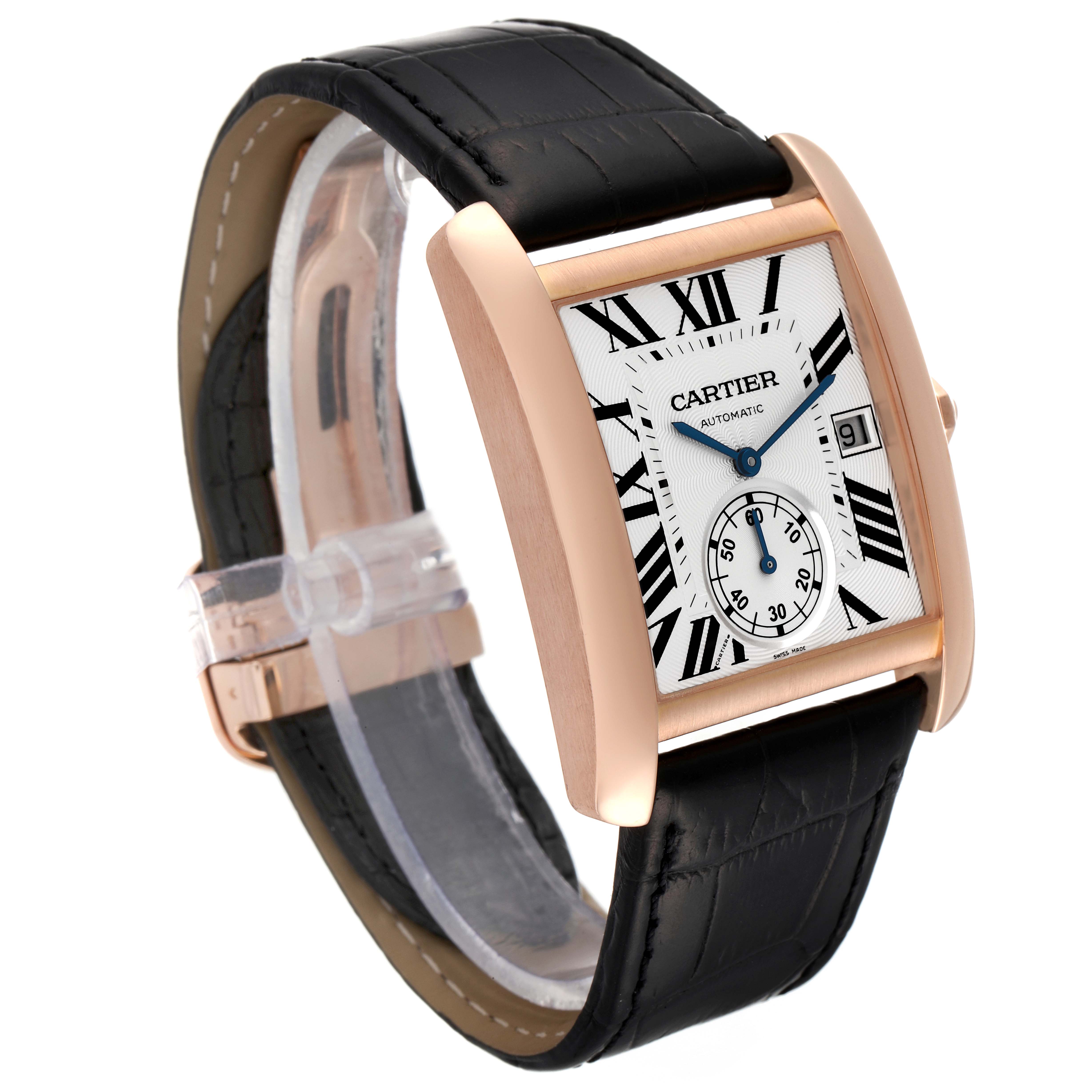 The Cartier Tank MC W5330001 Men's Rose Gold Silver Dial W5330001 Men's Rose Gold Silver Dial watch is shown at an angle displaying its face, strap, and rose gold case.