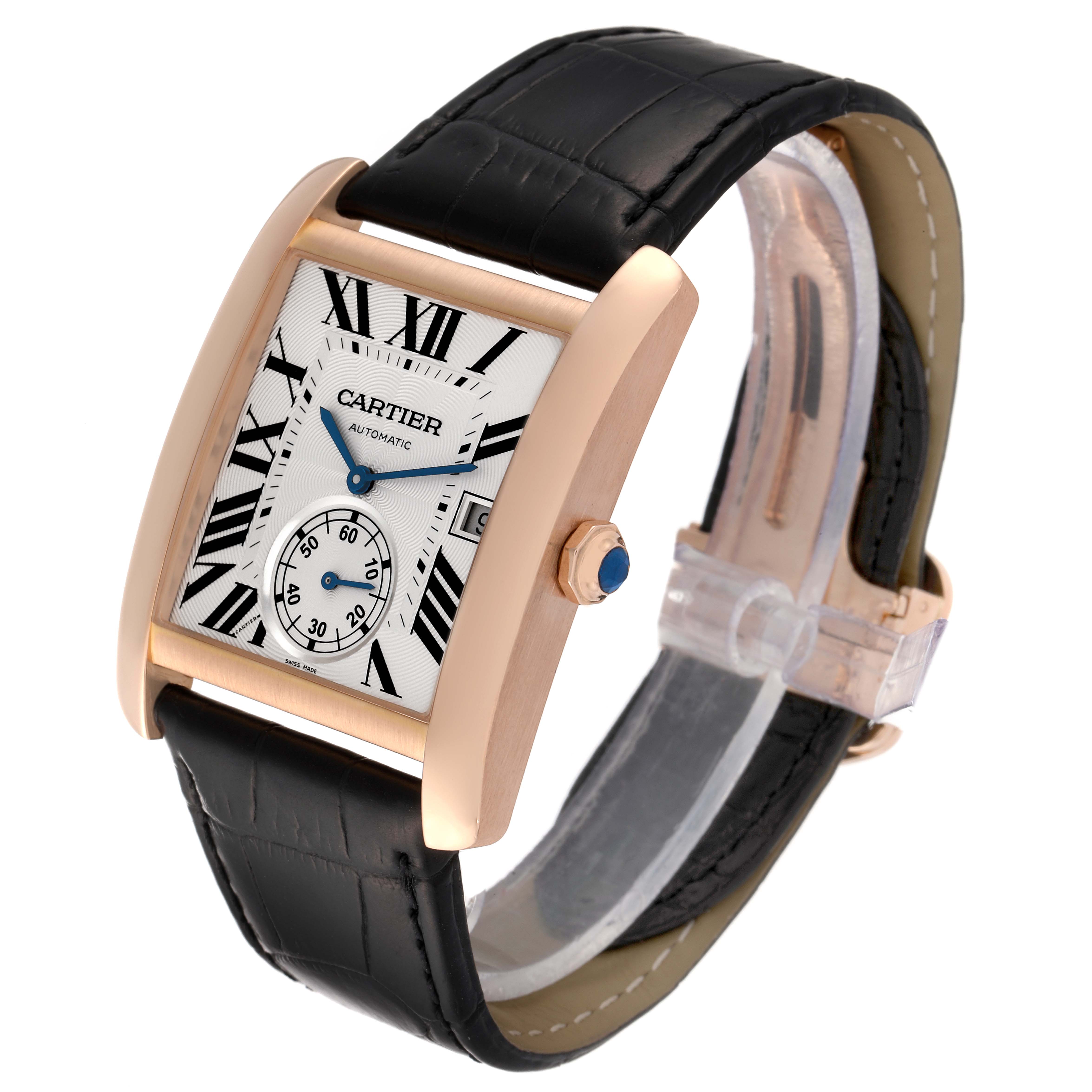 This image shows a Cartier Tank MC W5330001 Men's Rose Gold Silver Dial W5330001 Men's Rose Gold Silver Dial watch from a tilted angle, highlighting the case, dial, crown, and leather strap.