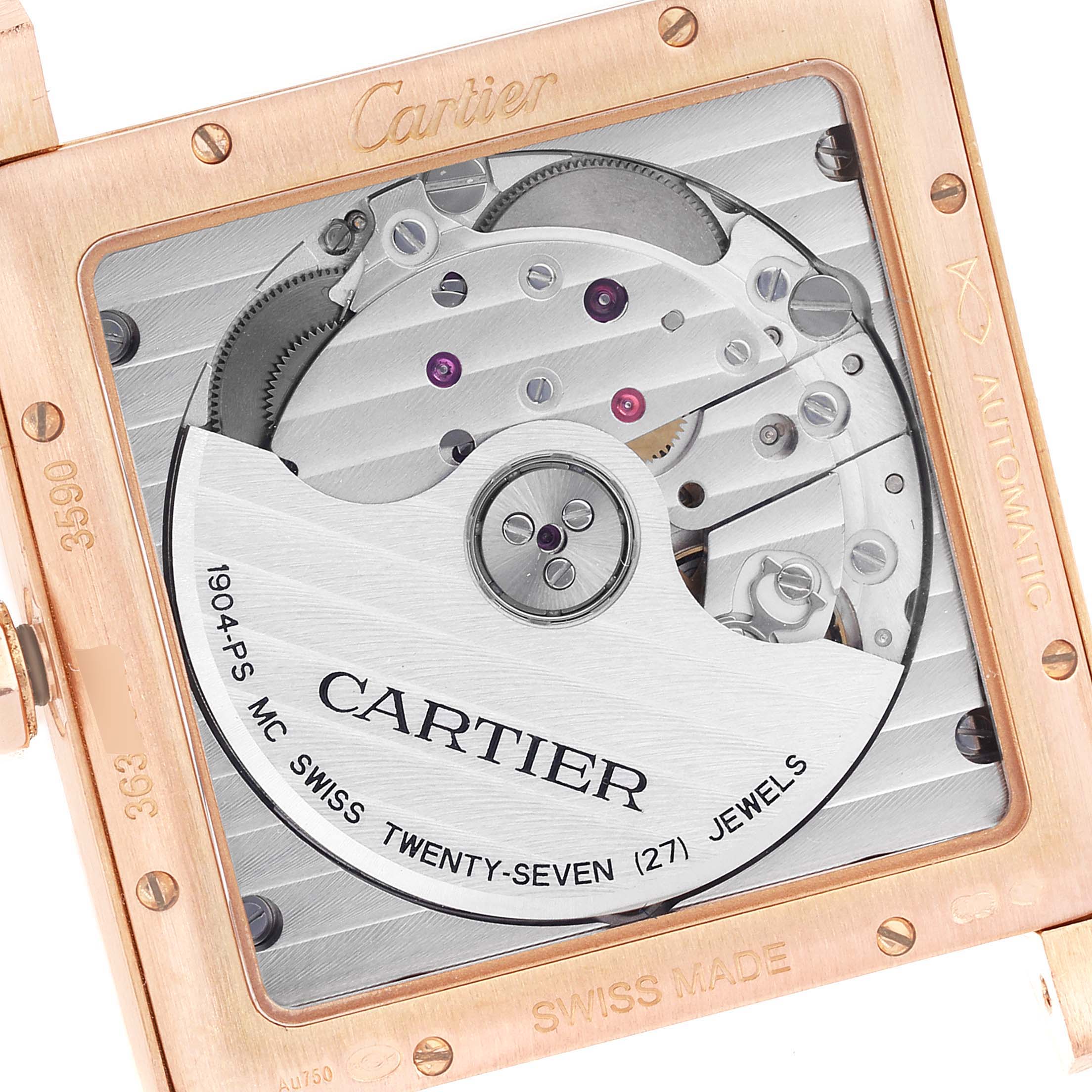 The image shows the back view of the Cartier Tank MC W5330001 Men's Rose Gold Silver Dial W5330001 Men's Rose Gold Silver Dial watch, displaying the intricate movement and internal components.