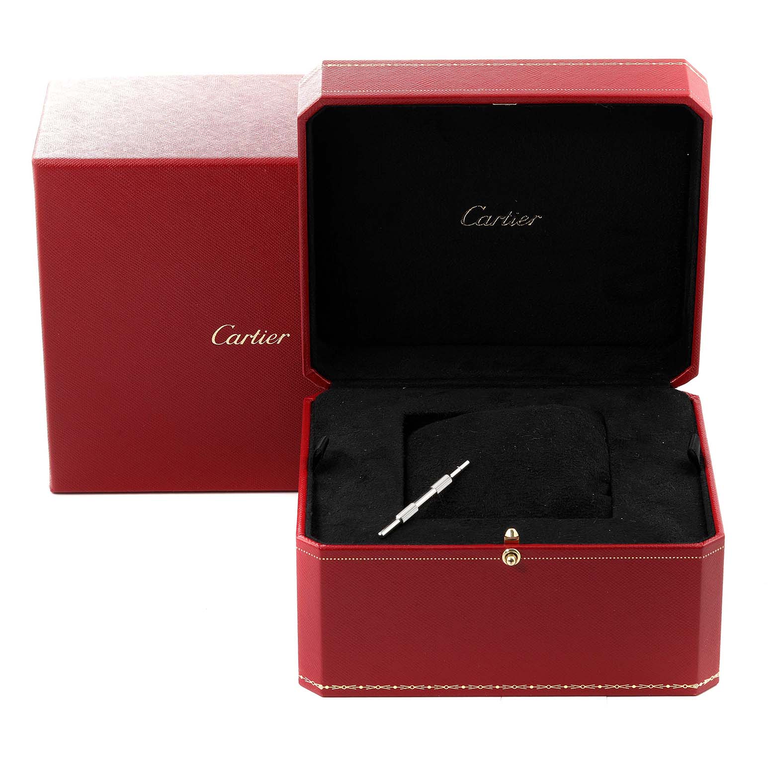 The image shows an open Cartier Tank MC W5330001 Men's Rose Gold Silver Dial W5330001 Men's Rose Gold Silver Dial watch box at an angle, revealing the interior and a tool accessory inside.