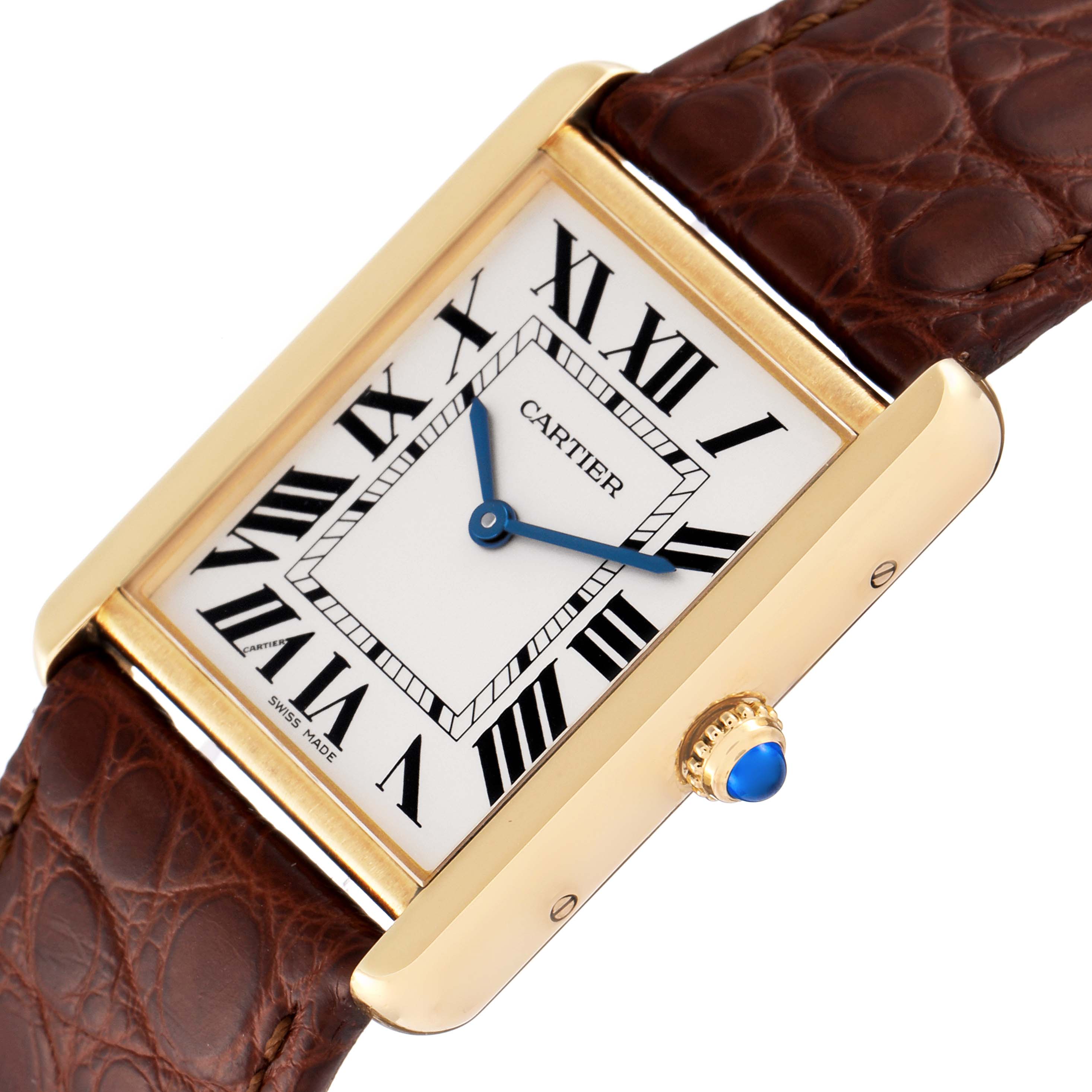 The image shows a close-up, angled view of the Cartier Tank Solo W5200004 Men's Yellow Gold Silver Dial W5200004 Men's Yellow Gold Silver Dial model watch's face and part of its leather strap.